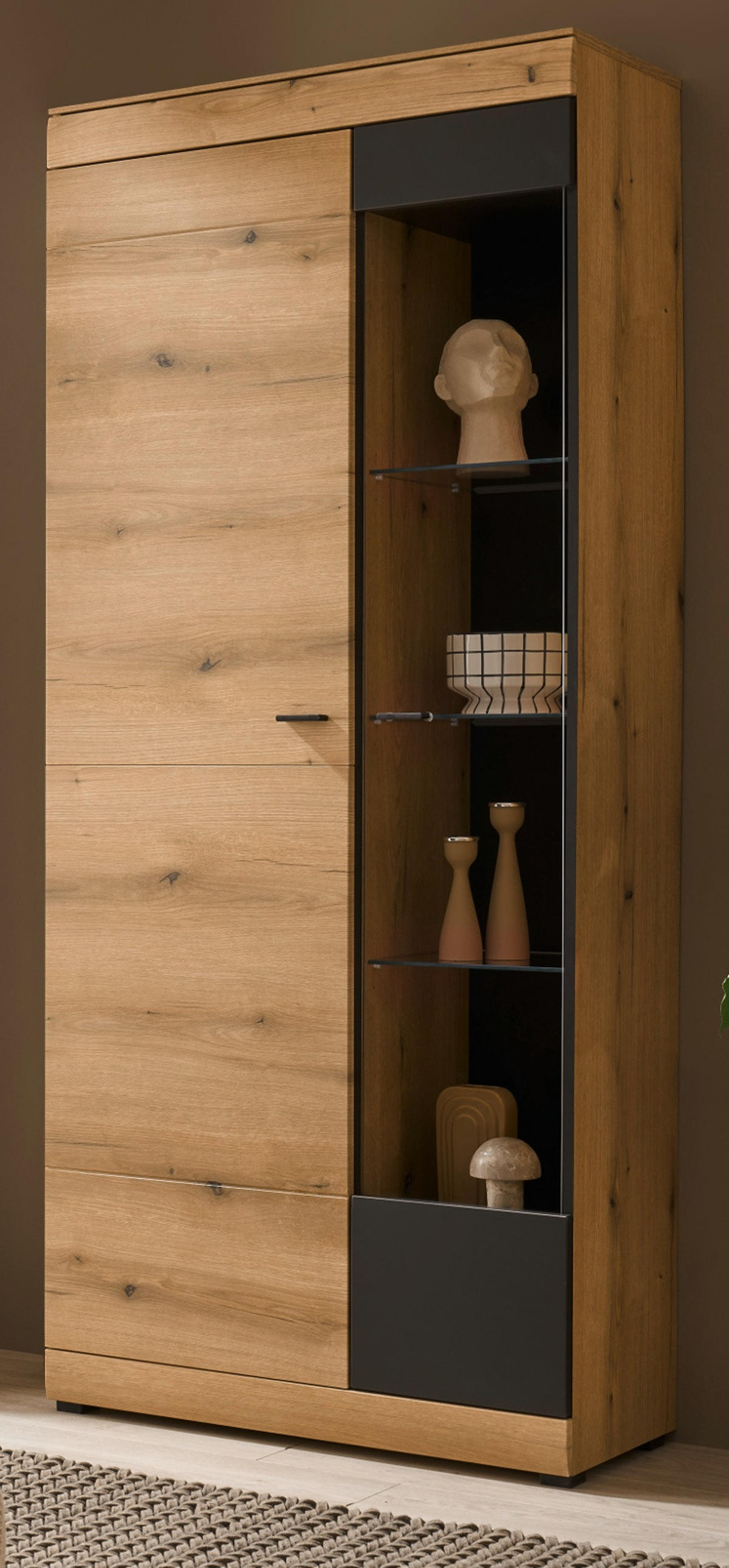 VITRINE in Eiche, grau 90 x 201 cm, Vitrinenschrank mit Soft-Close - Eichefarben/Schwarz, Glas/Holzwerkstoff (90/201/35cm) - Furn.Design