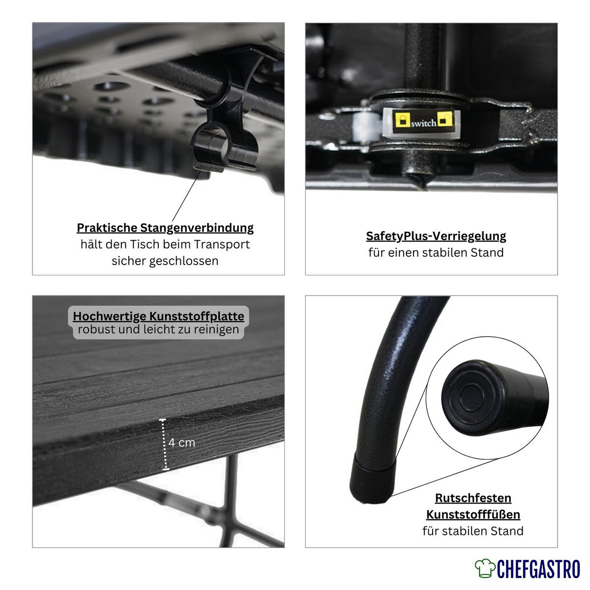 BIERZELTGARNITUR klappbar 180cm 3-teilig 1x Buffettisch 2x Bierbänke Holz Optik Kunststoff - Schwarz, Kunststoff - CHEFGASTRO