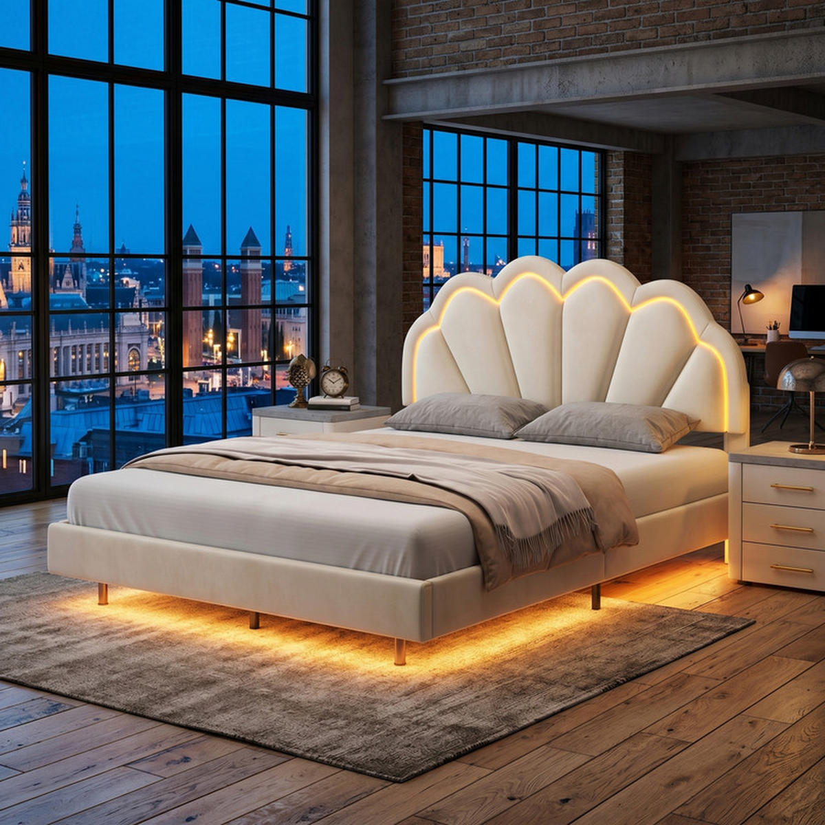 POLSTERBETT 140/200 cm beige mit Muschelkopfteil und LED - Beige, Holz