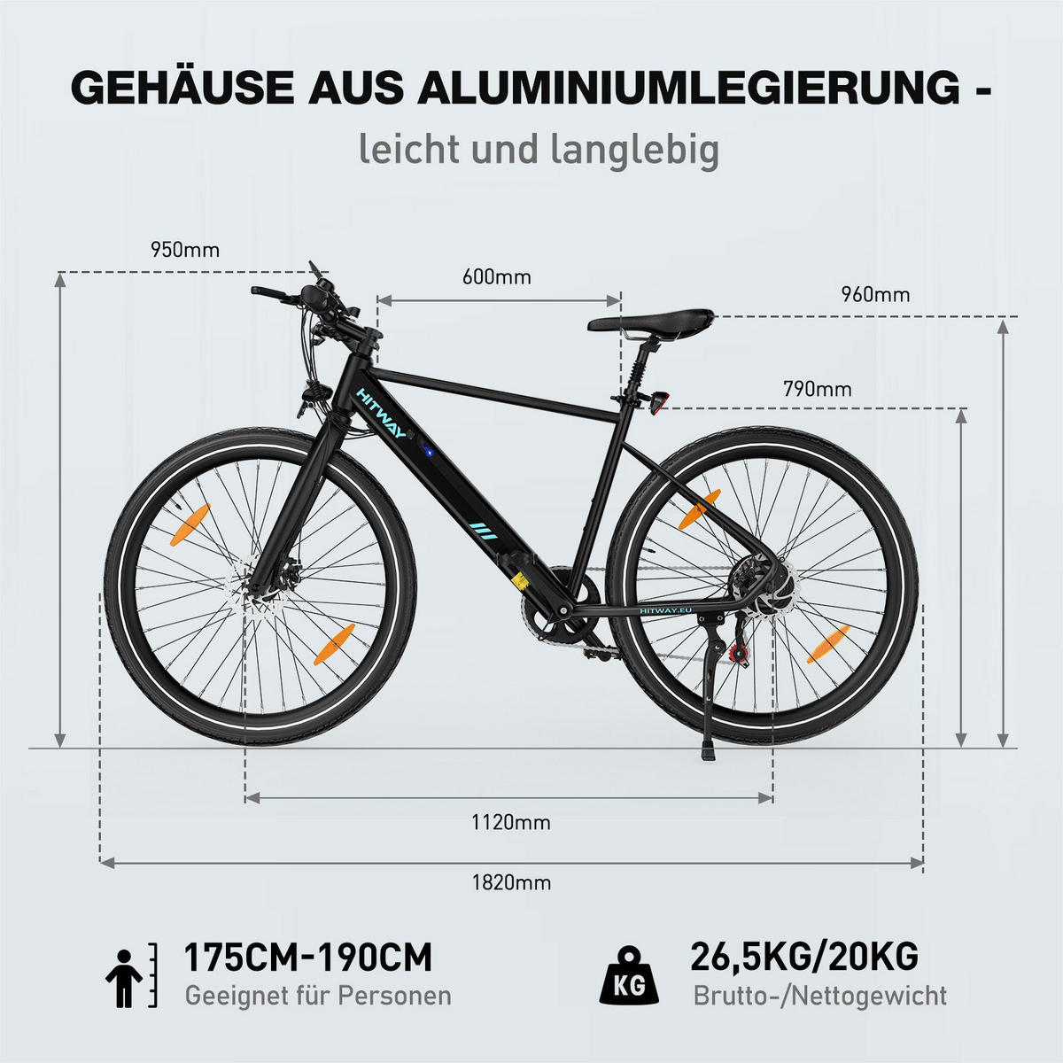 E-BIKE Mountainbike BK19 Cityrad 36V 12Ah Akku, Bis zu 80 km Reichweite - Schwarz, Metall (24cm) - HITWAY