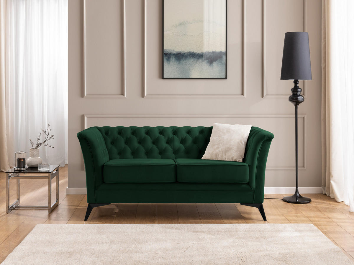 SITZGARNITUR 3+2+1 Chesterfield Whitby Flaschengrün Samt mit schwarzen Füßen - Dunkelgrün/Schwarz, Holz/Textil (237/78/82cm) - S-Style Möbel