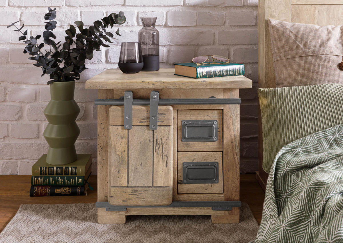 NACHTTISCH Mango 50x40x45 whitewash lackiert RAILWAY #3012 - Beige, Holz (50/45/40cm) - Massivmoebel24