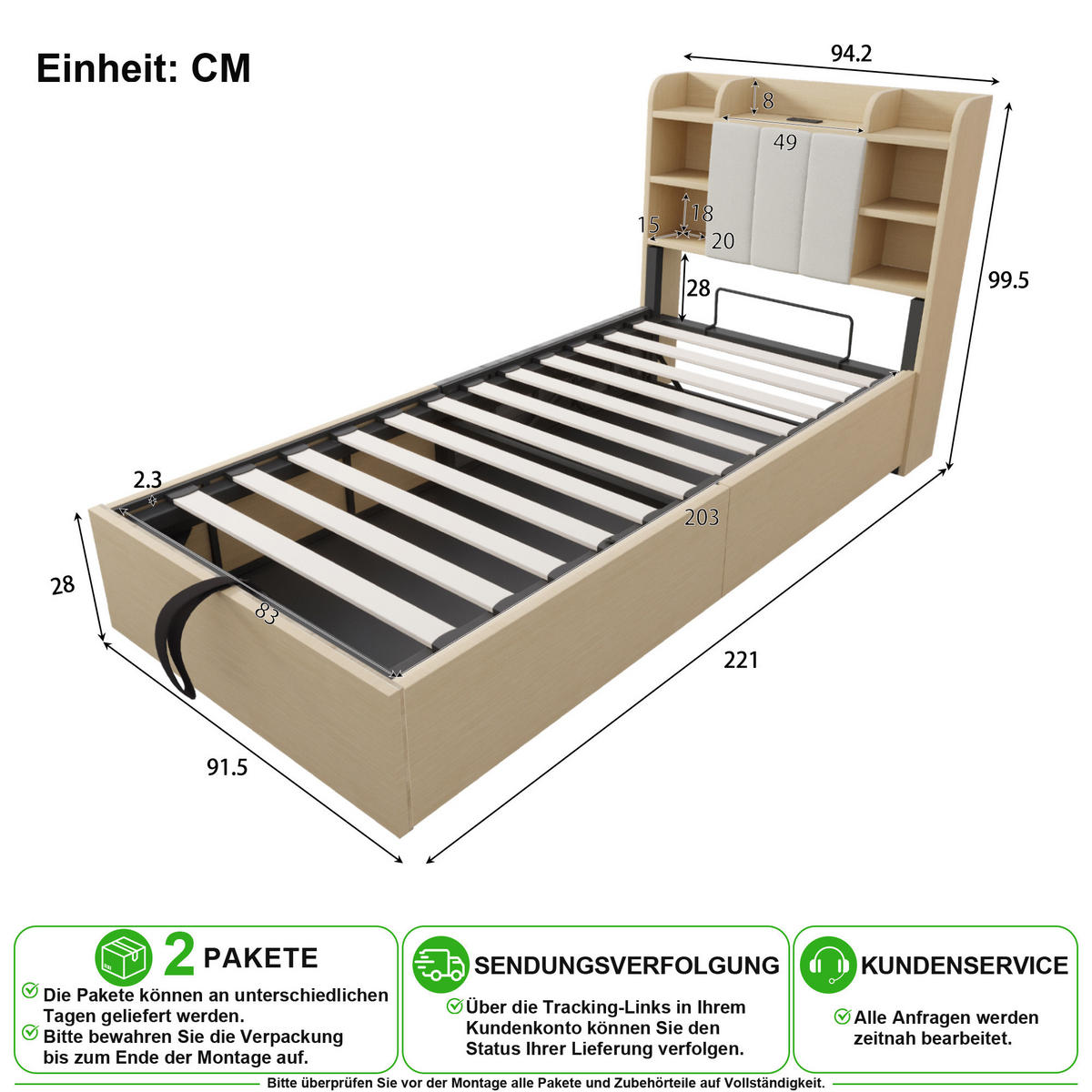 JUGENDBETT 90/200 cm in Natur mit Bettkasten, Regal und USB - Naturfarben, Holzwerkstoff (90/200cm) - CHICFURN