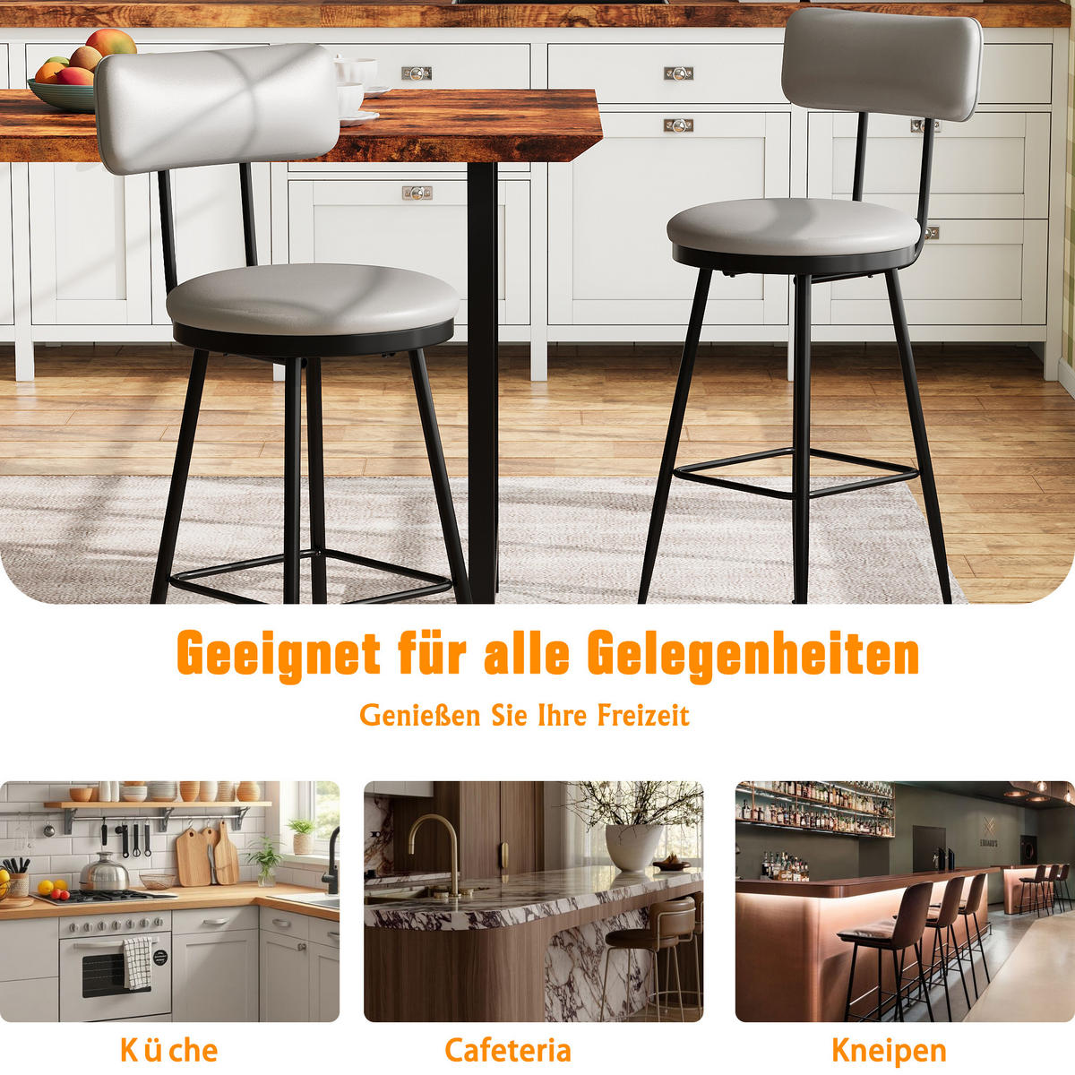 BARHOCKER 2er Set Metallgestell Kunstleder Rückenlehne Fußstütze 65 cm grau - Grau, Holz (38/85.5/38cm) - Fortuna Lai