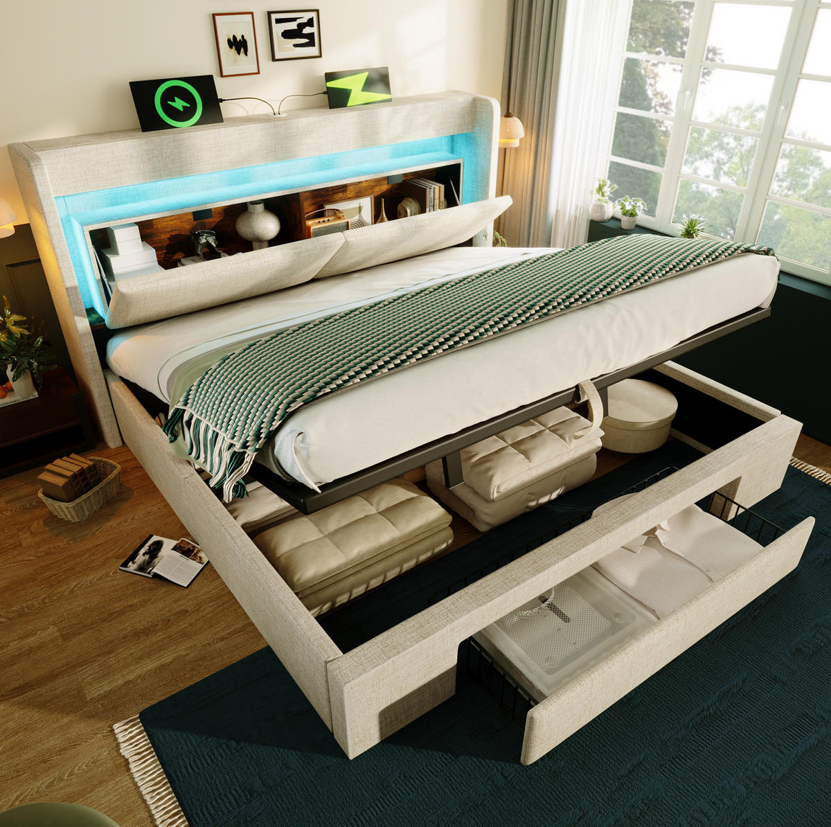 BETT mit Stauraum 140x200 cm Beige Leinen mit LED - Beige, Metall (140/200cm) - Meubliv