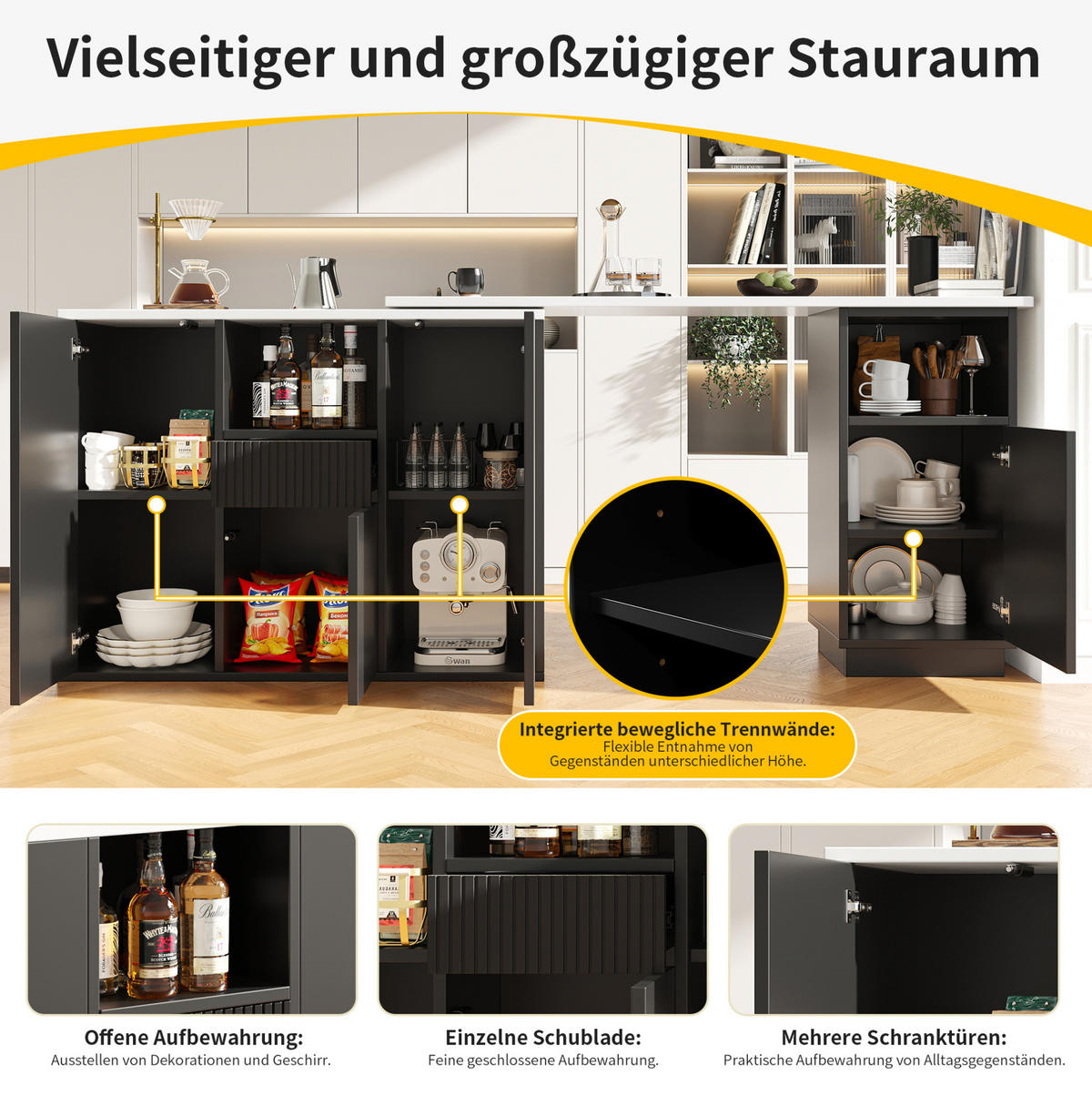 DREHBARE Kücheninsel Bar 210x30x100.9cm Schwarz mit L-förmigem Design - Schwarz, Holzwerkstoff (210/100.9/30cm) - Modfu