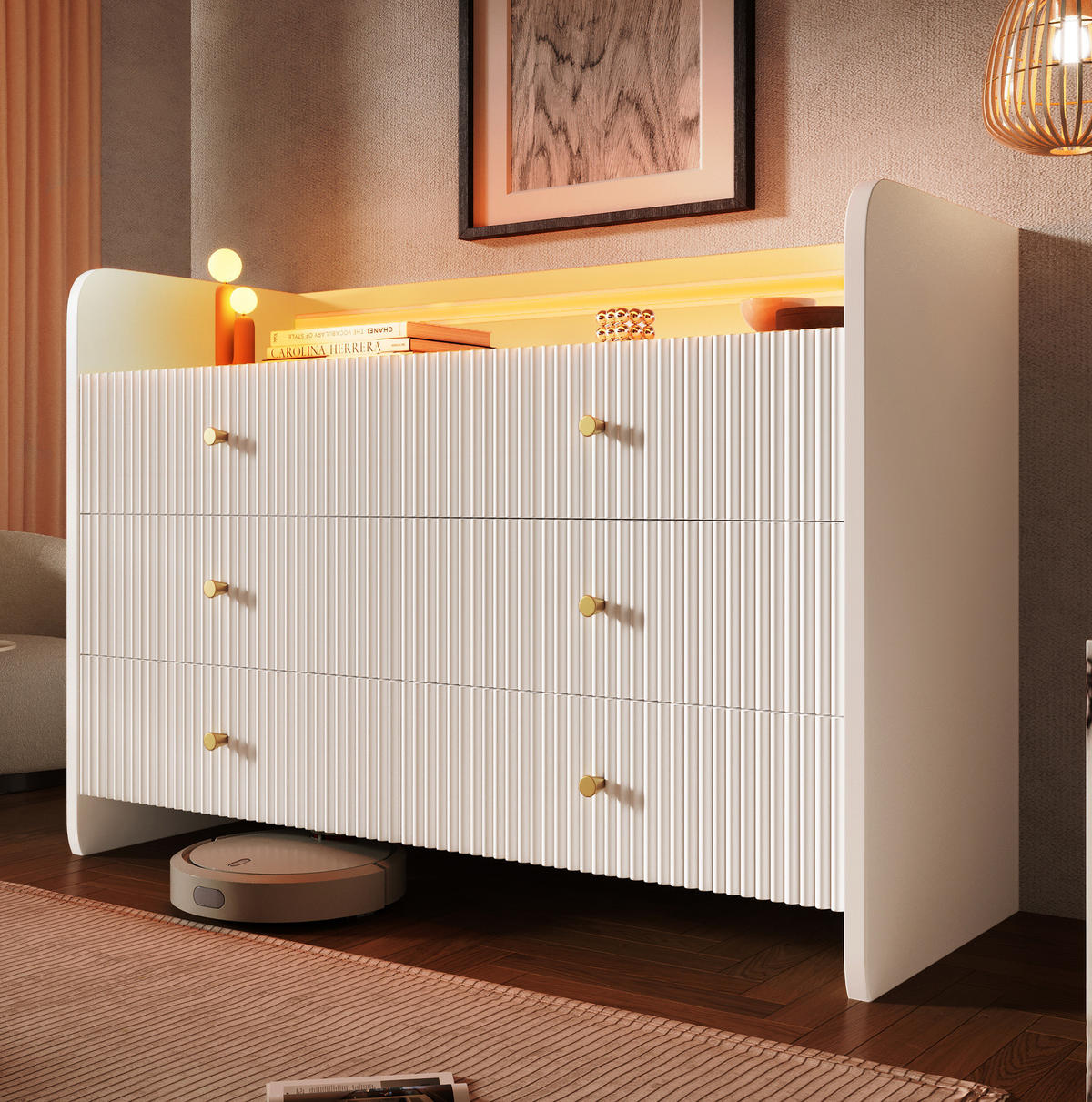 SIDEBOARD 120/40/75 cm z dřevotřísky bílá, LED osvětlení, 6 zásuvek - bílá, kompozitní dřevo (120/75/40cm) - Modenvie
