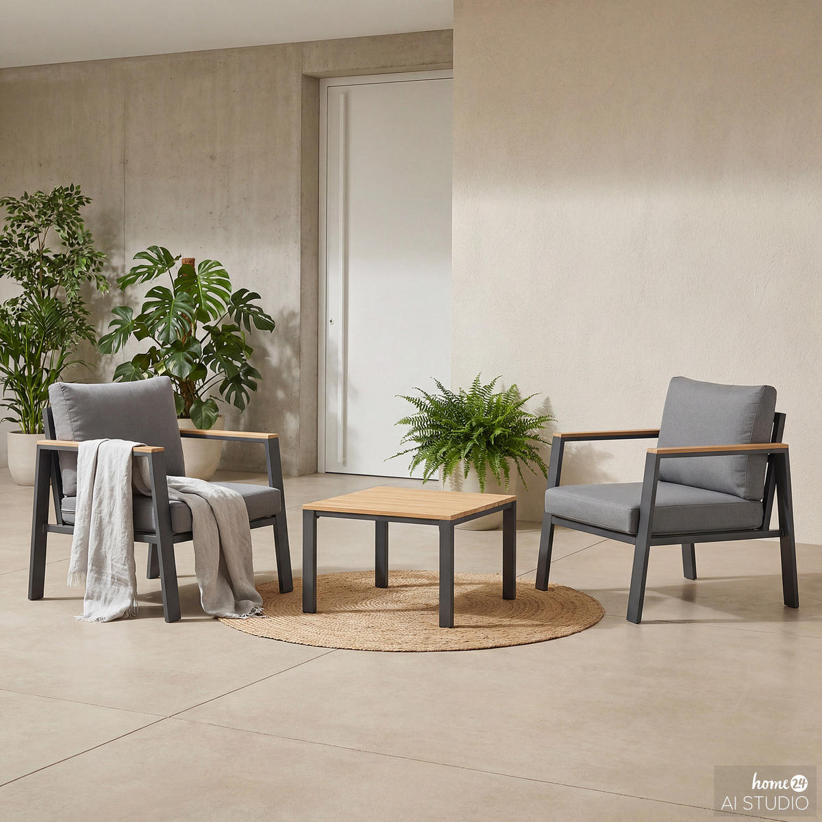 LOUNGESET - Eukalyptus massiv / Polyester - Braun / Anthrazit - 3-teilig - Braun/Grau, Holz/Textil - home24