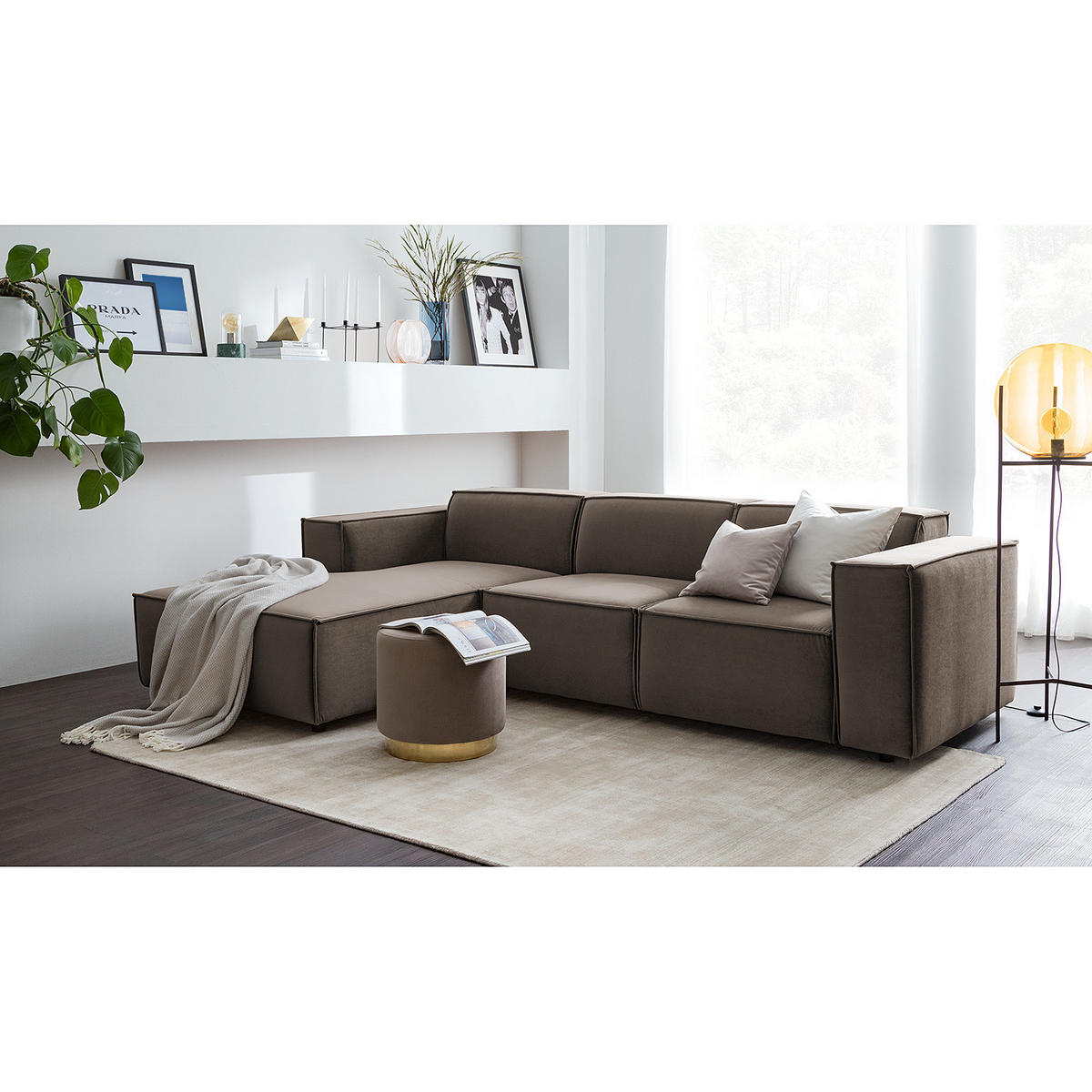 ECKSOFA mit Longchair - Taupe/Schwarz, Kunststoff/Textil (260/177cm) - home24