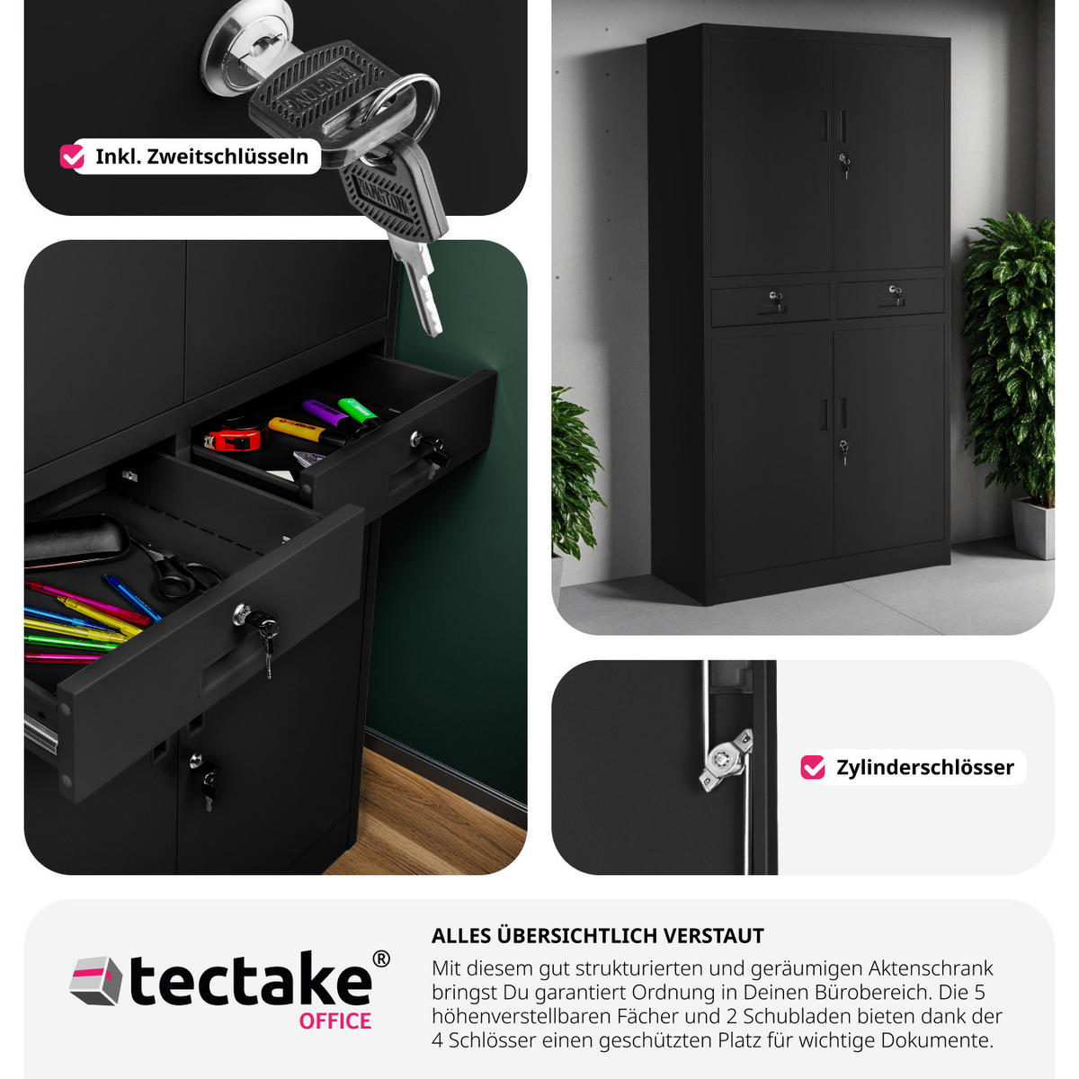 AKTENSCHRANK ,180 x 80 x 40 cm,schwarz/schwarz - Schwarz, Metall (40/180/80cm) - tectake