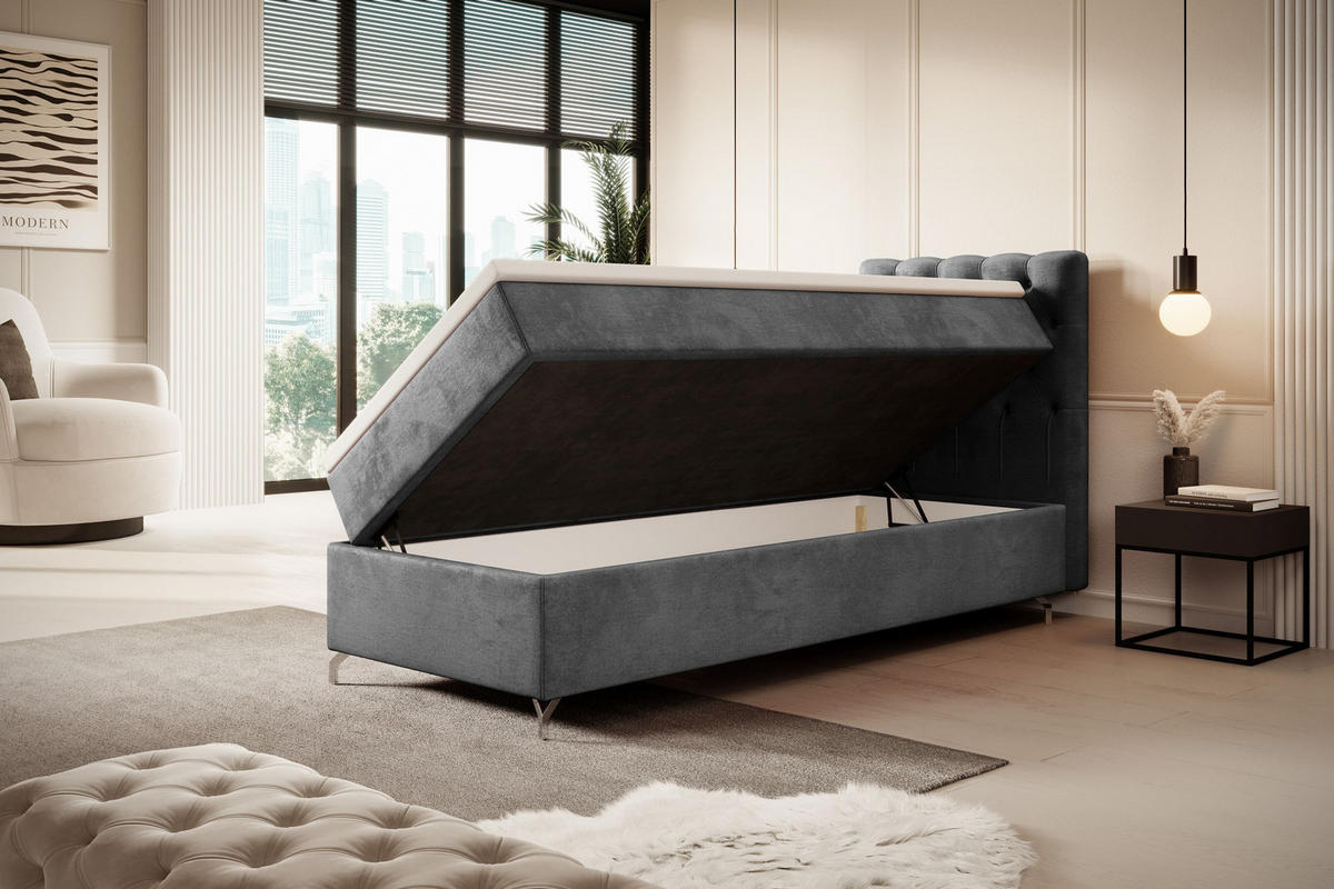 BOXBETT CHESTER mit Matratze H3, Bonell und Topper 90x200 Monolith 92 Rechts - Grau, Textil (120/200cm) - Bedante