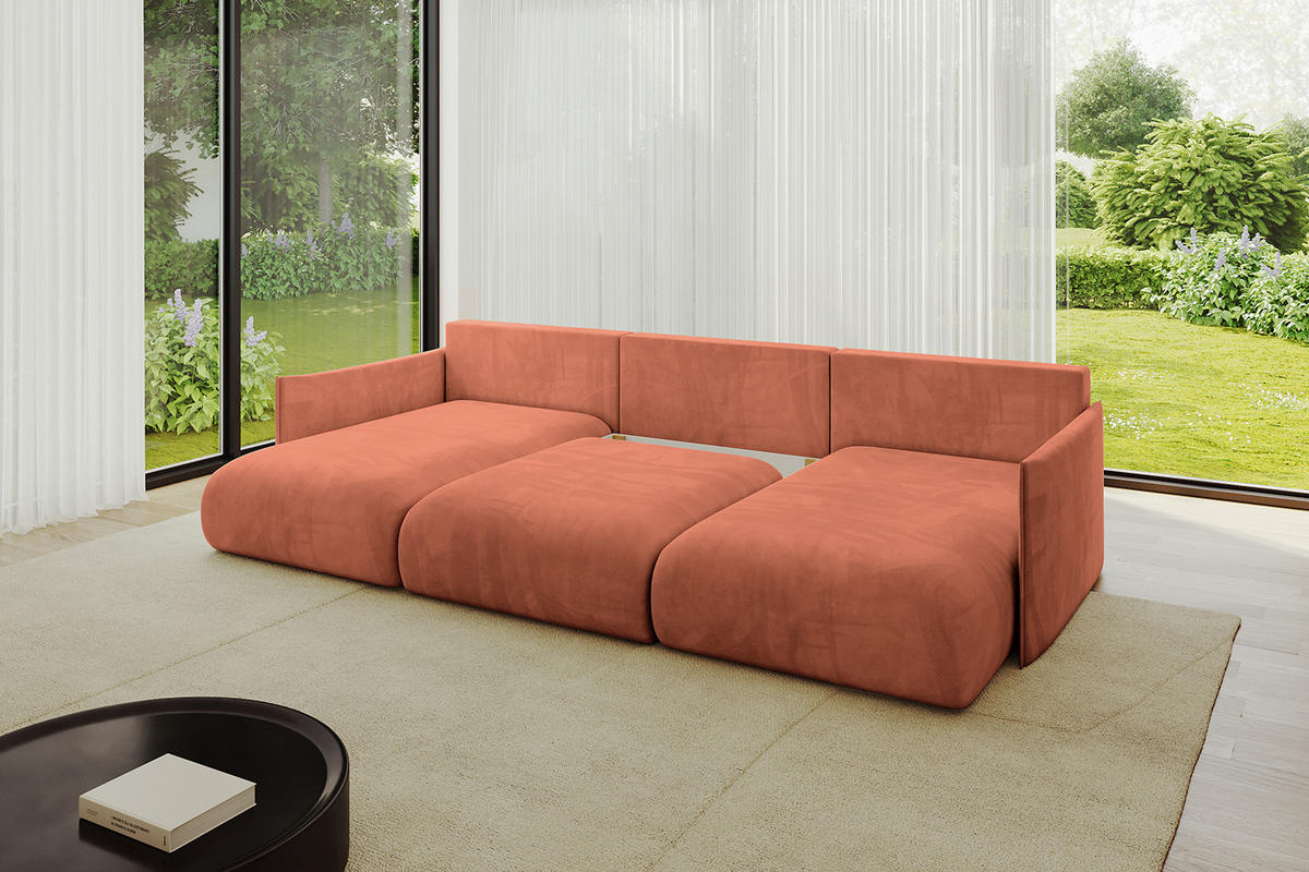 WOHNLANDSCHAFT mit Schlaffunktion und Bettkasten ONESK-U 317x177x72 Apricot Velours - Koralle, Holzwerkstoff/Kunststoff (317/72/177cm) - ALTDECOR