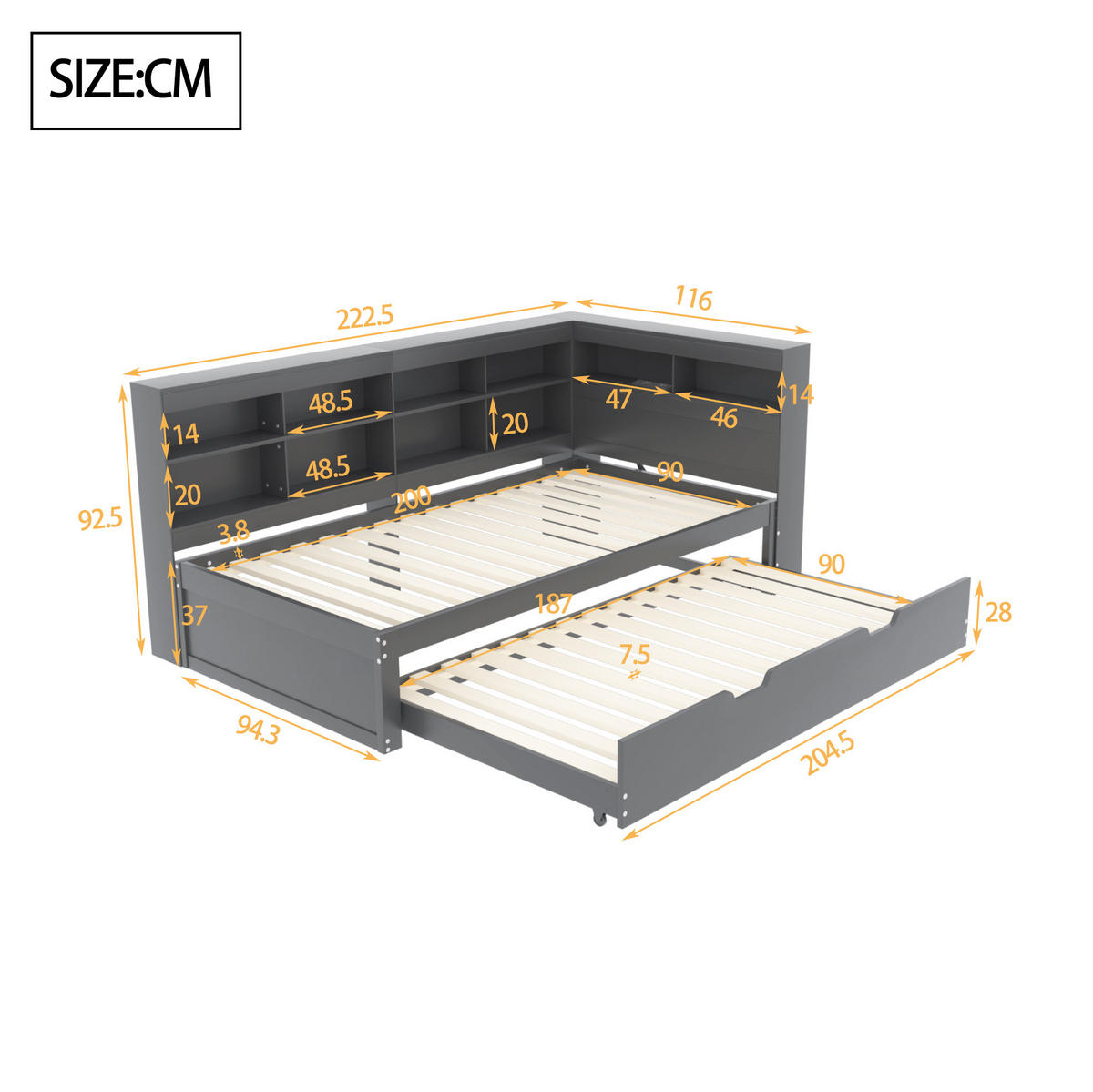 KREVET na izvlačenje od masivnog drva 90x200 cm siva s USB priključkom i spremištem - siva, drvni materijal (90/200cm) - Modfu