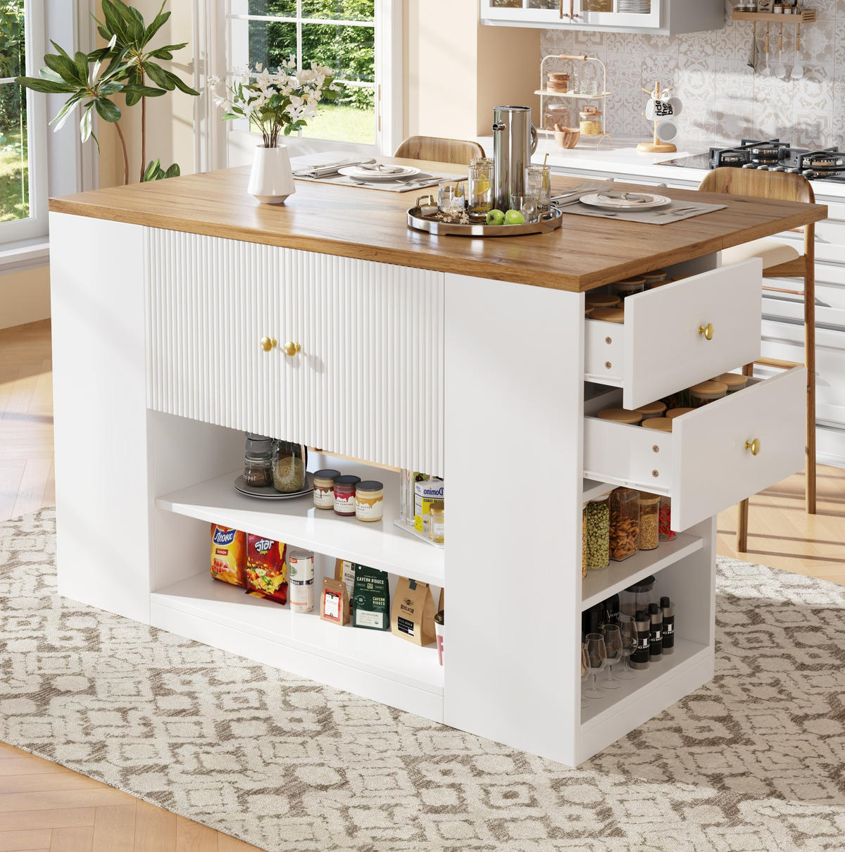 KÜCHENINSEL 140/70/90 cm aus MDF und Metall mit klappbarer Tischplatte Weiß - Weiß, Holzwerkstoff (40/90/140cm) - Modenvie