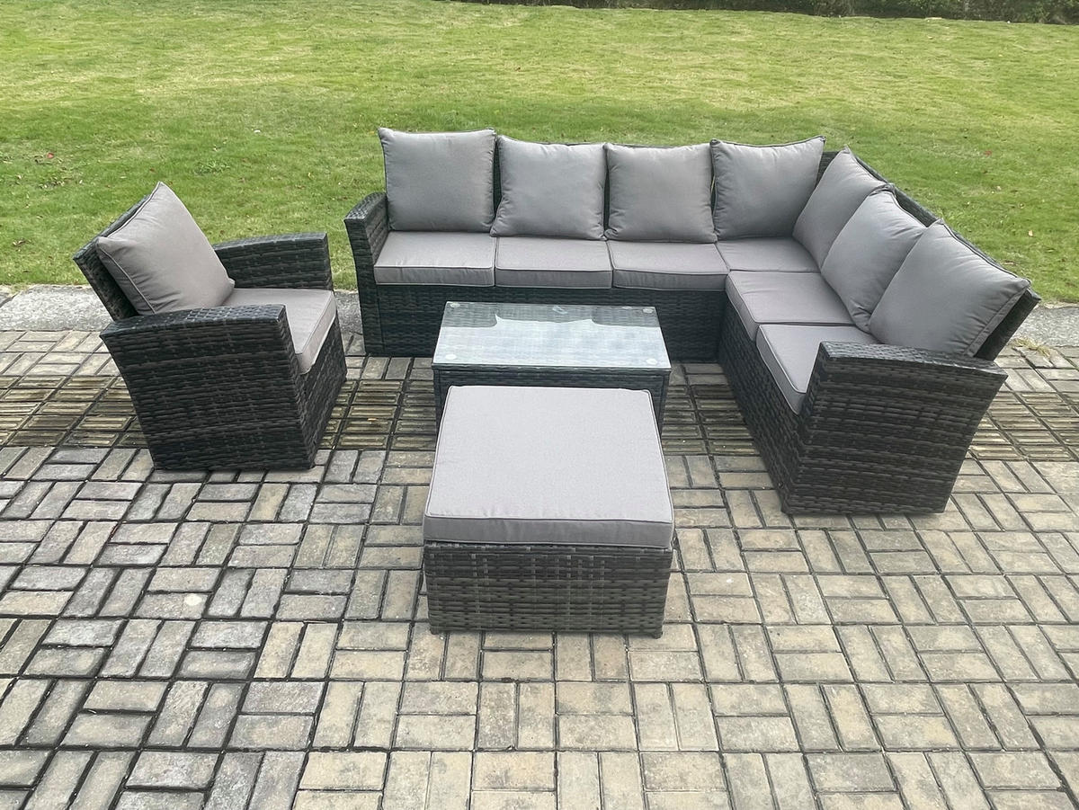 LOUNGEMÖBEL-SETS mit Couchtisch Sofa Polyrattan Dunkelgrau 8-Sitzer - Dunkelgrau/Grau, Glas/Kunststoff - Fimous