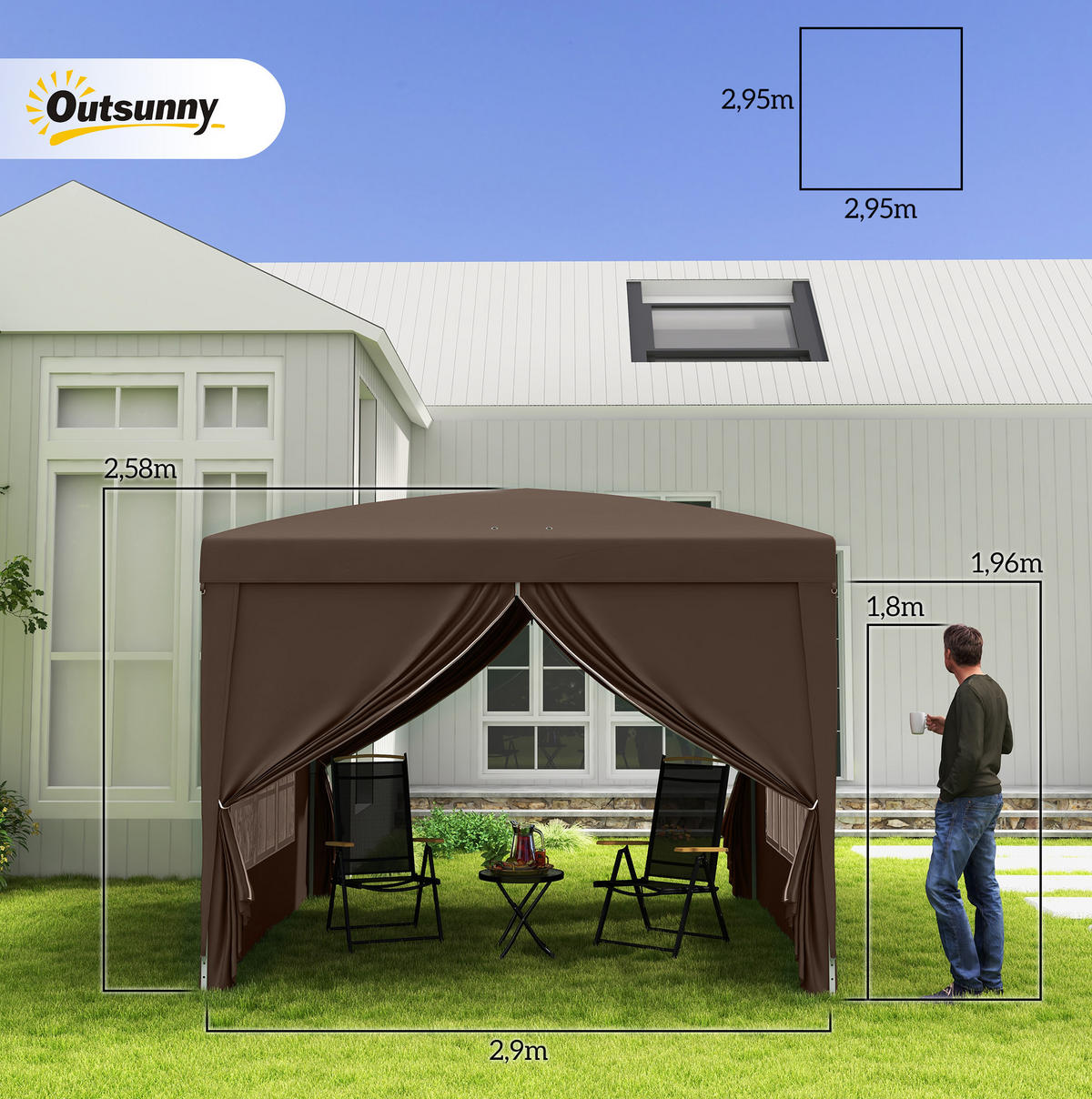 PAVILLON 295/295/258 cm kaffeebraun aus Polyester mit 4 Wänden - Braun, Textil (295/258/295cm) - OKWISH