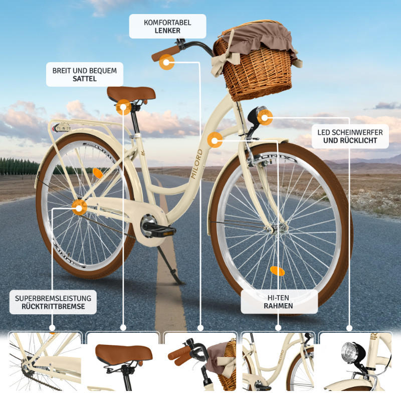 CITY-FAHRRAD Milord mit Weidenkorb, 26 Zoll, Braun-Creme, 1-Gang - Creme/Braun, Metall (46cm) - Milordbikes