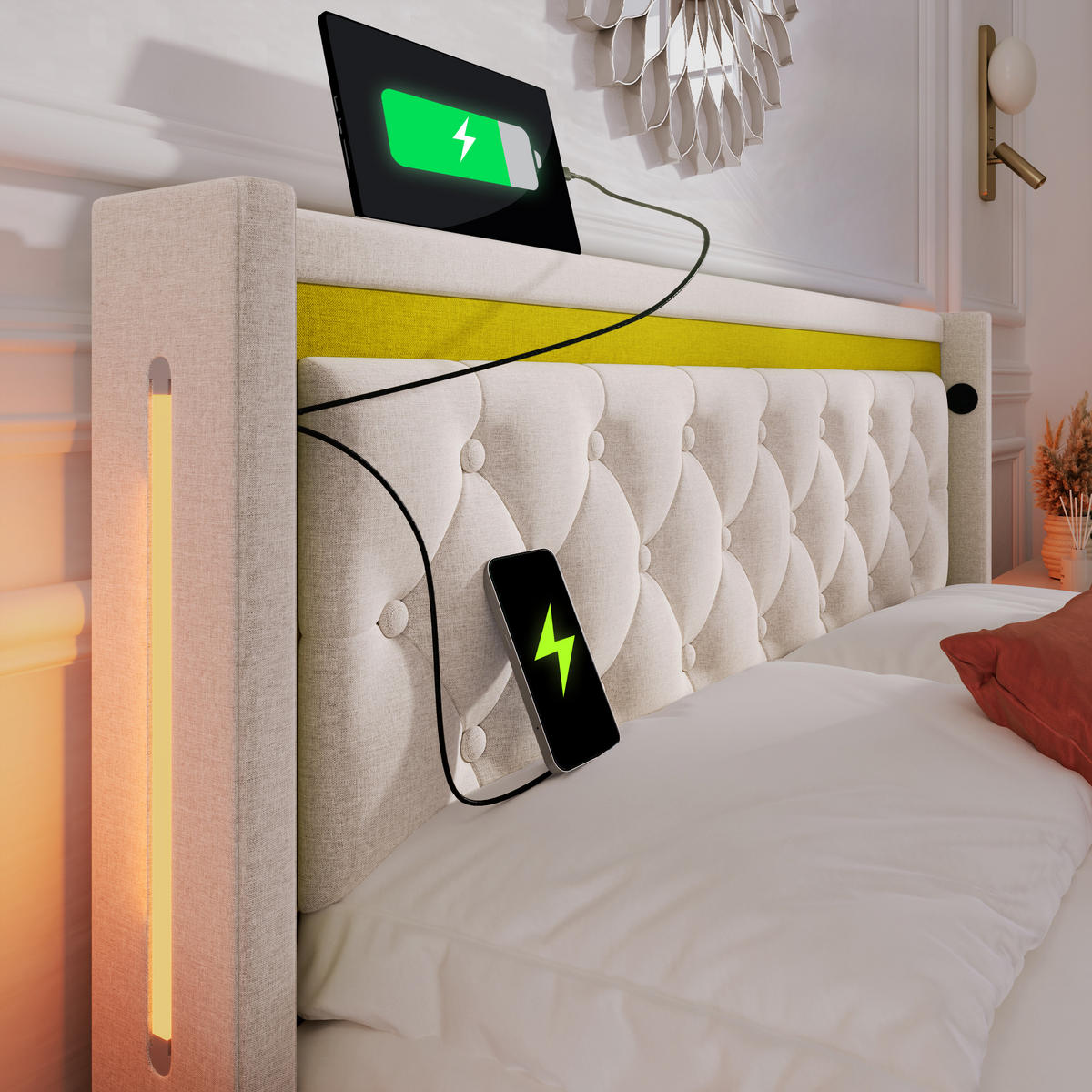 POLSTERBETT 160/200 cm Beige mit Bettkasten und USB-Ladefunktion mit Matratze - Beige, Textil (160/200cm) - OKWISH