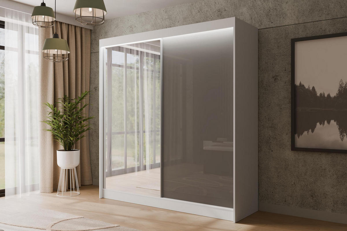 KLEIDERSCHRANK VESLI mit LED - 200 cm - Weiß|Grau - Weiß/Grau, Holzwerkstoff (200/215/61cm) - ALTDECOR