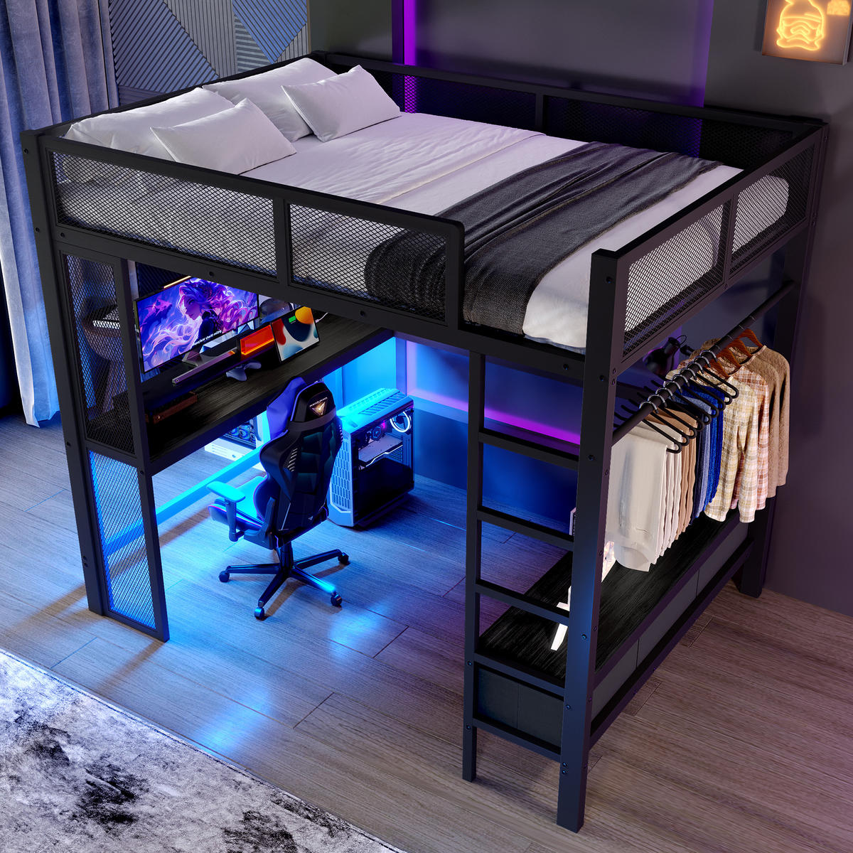 HOCHBETT 140/200 cm schwarz aus Metall mit LED und Schreibtisch - Schwarz, Holzwerkstoff (140/200cm) - OKWISH