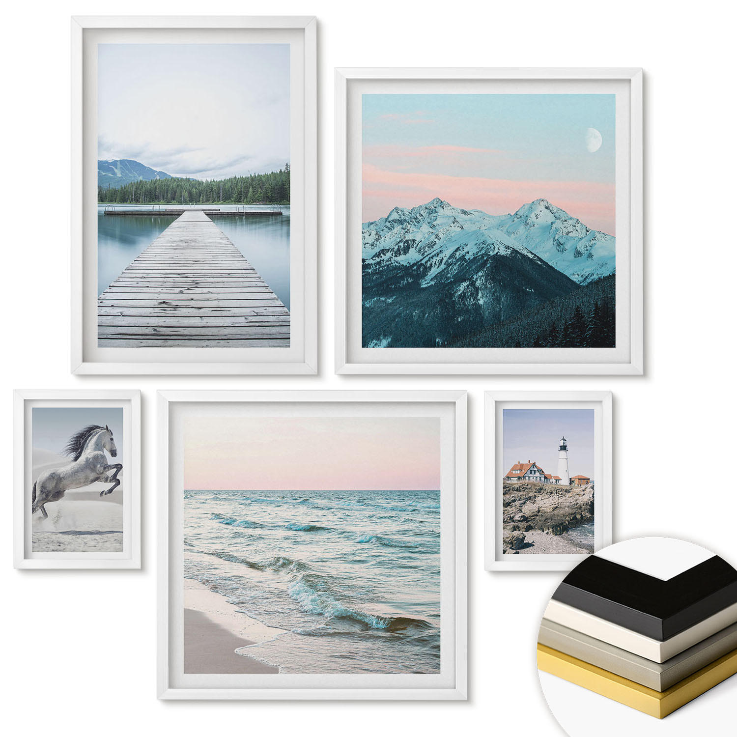 WANDBILDER 5er-Set - 50x50 cm & 20x30 cm & 40x60 cm Weißer Rahmen - Landschaften europäischer Städte - Weiß, Kunststoff (40/60cm) - ArtPrintCave