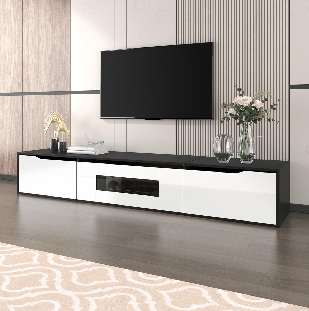 TV-ELEMENT mit LED-Beleuchtung 180 cm Hochglanz Schwarz Weiß - Schwarz, Holzwerkstoff (35/30/180cm) - Beauniv