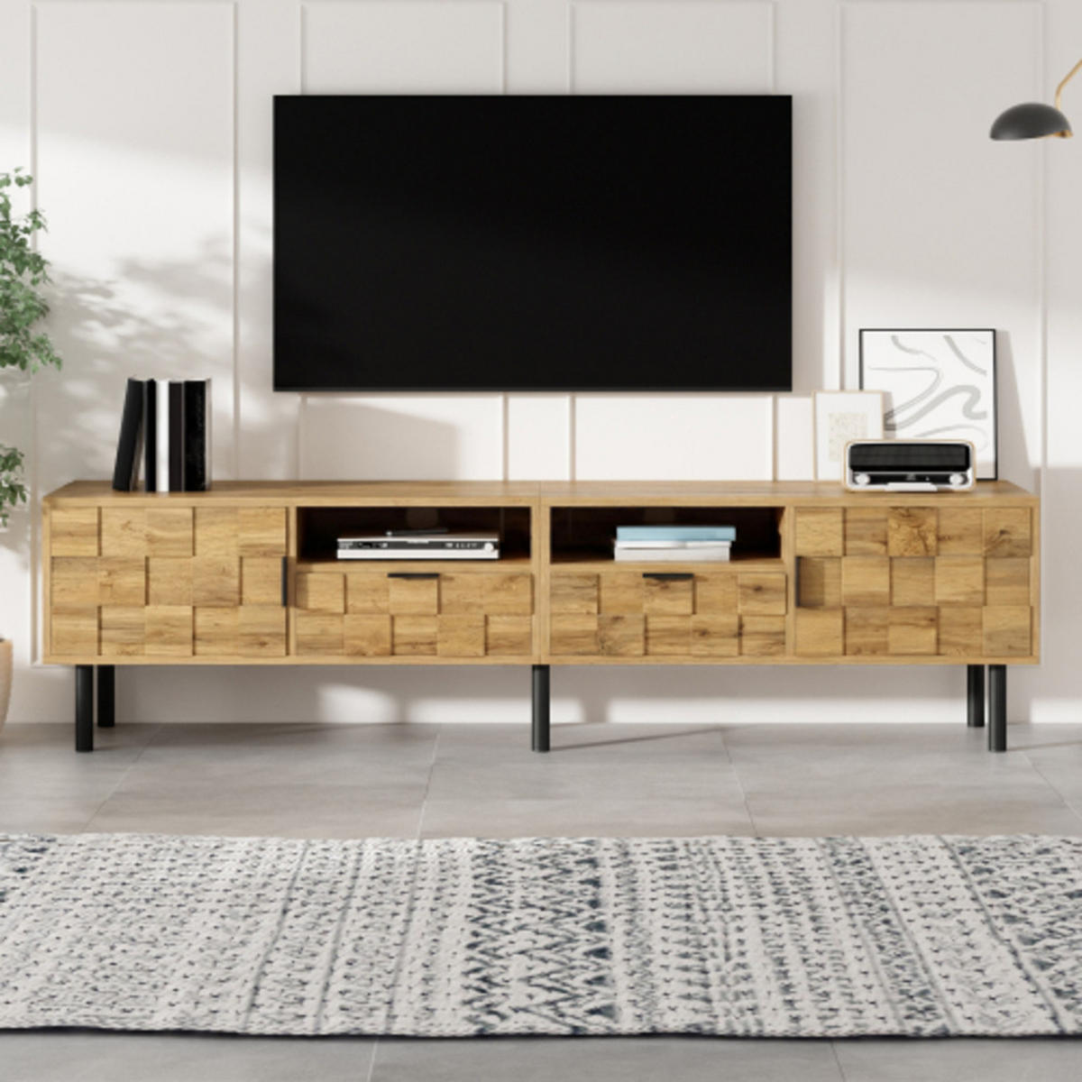 LOWBOARD mit Mosaikfronten natur-schwarz 160×35×42,5 cm aus Spanplatte - Naturfarben, Holzwerkstoff (160/42.5/35cm) - Luhomfu