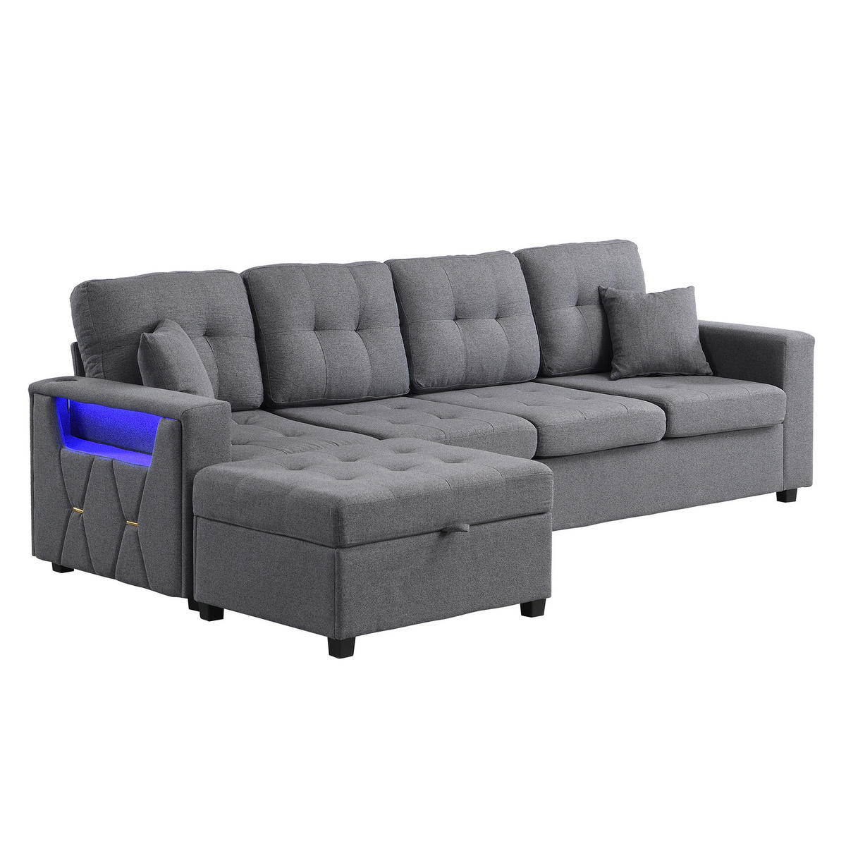 ECKSOFA 253/144.5/80.7 cm Antikgrau mit Aufbewahrungshocker, LED Stimmungslicht und Stauraum - Grau, Kunststoff/Textil (253/144.5cm) - Oxeza
