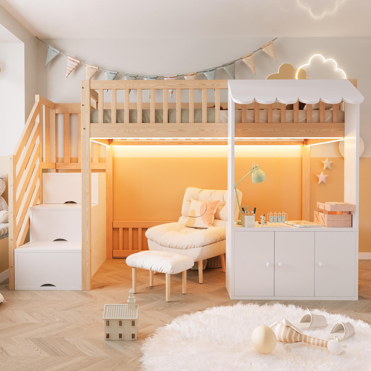HOCHBETT 90/200 cm in Holzfarbe mit Stauraumtreppe, Stauraum und LED - Naturfarben/Weiß, Holz/Holzwerkstoff (90/200cm) - CHICFURN