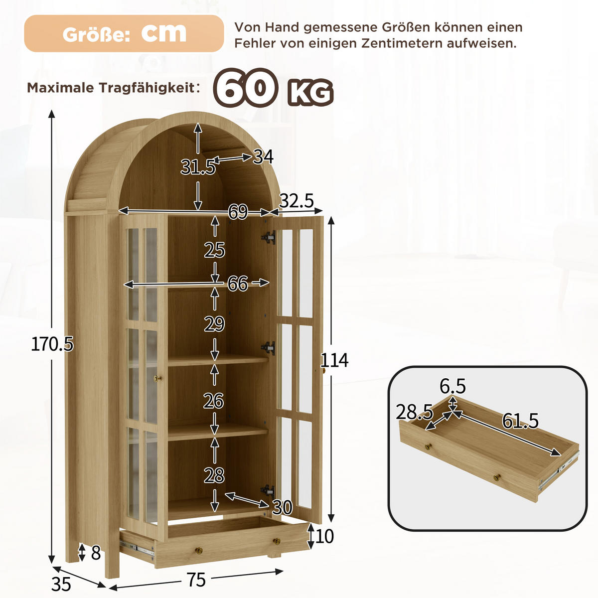 HIGHBOARD Bogen-Design Holzoptik mit Acryl-Türen & Schublade - Naturfarben, Holzwerkstoff (75/170.5/35cm) - Urban Meuble