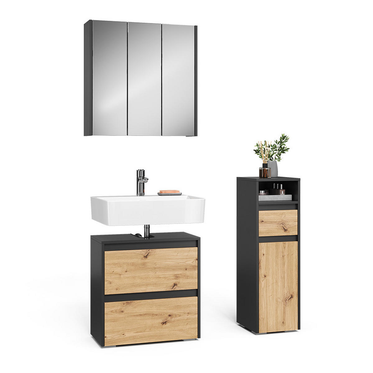 BADMÖBEL-SET Majest Anthrazit/Artisan 3 Teile - Anthrazit/Hellgrau, Holzwerkstoff (60.1/62/30.1cm) - Vicco