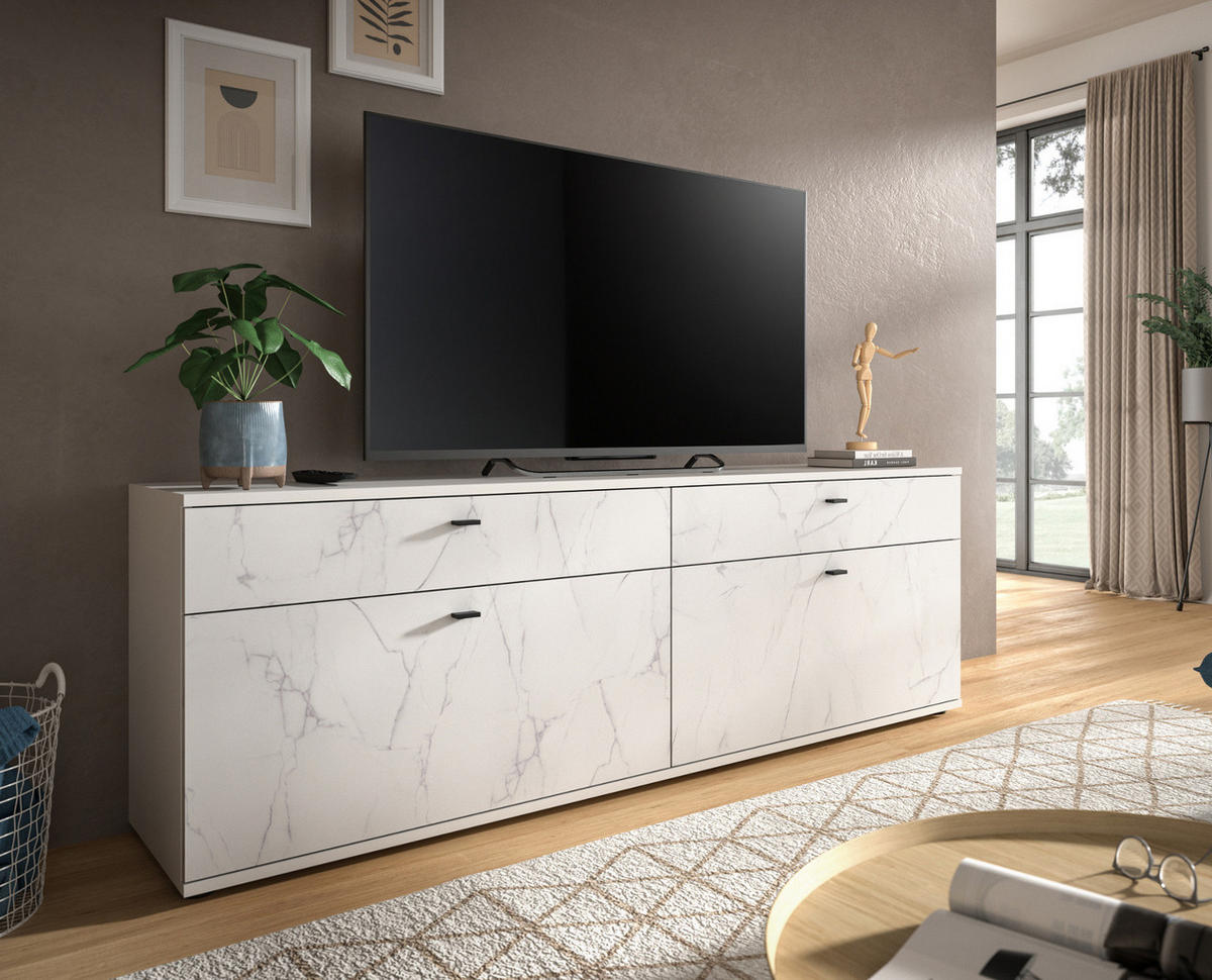 TV-LOWBOARD weiß Marmor 180 cm, TV-Unterteil in Komforthöhe - Schwarz/Weiß, Holzwerkstoff/Kunststoff (180/62/40cm) - Inn.Furn