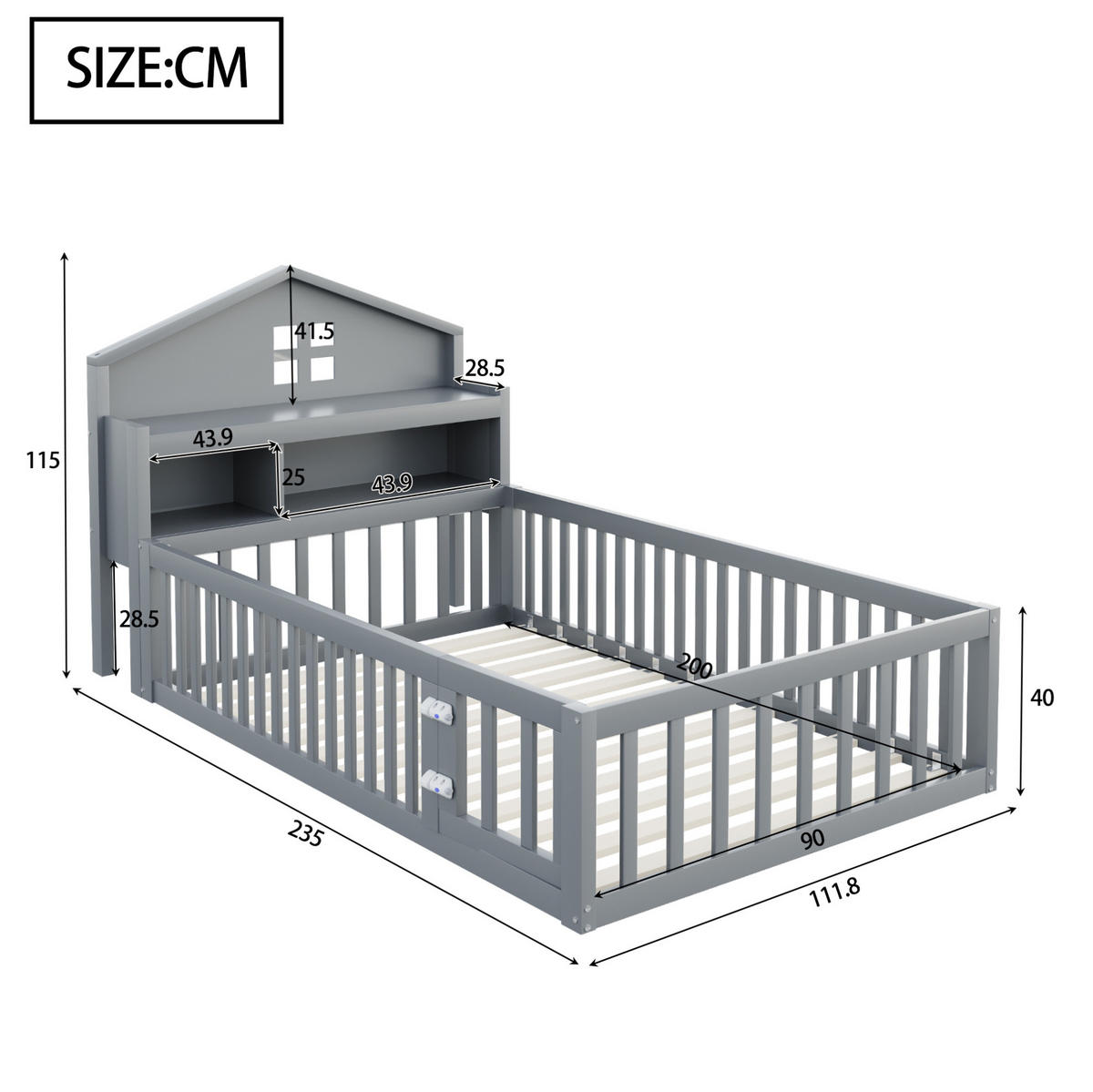 KINDERBETT 90/200 cm in Hausform mit Schutzgitter, Tür und Stauraum - Grau, Holzwerkstoff (90/200cm) - BEAOK