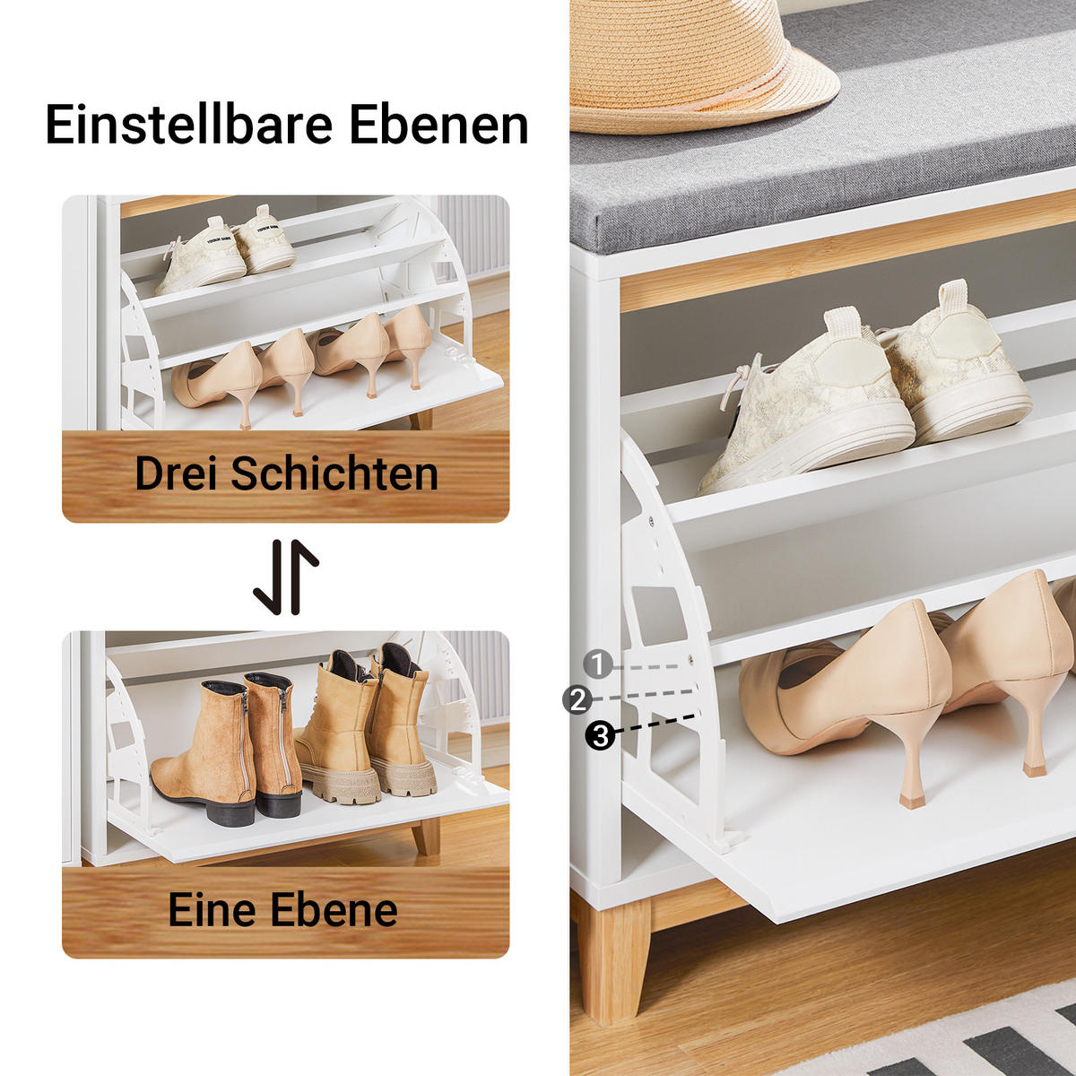 SCHUHBANK Weiß-Natur - Weiß/Naturfarben, Holz/Holzwerkstoff (60/55/34cm) - SoBuy