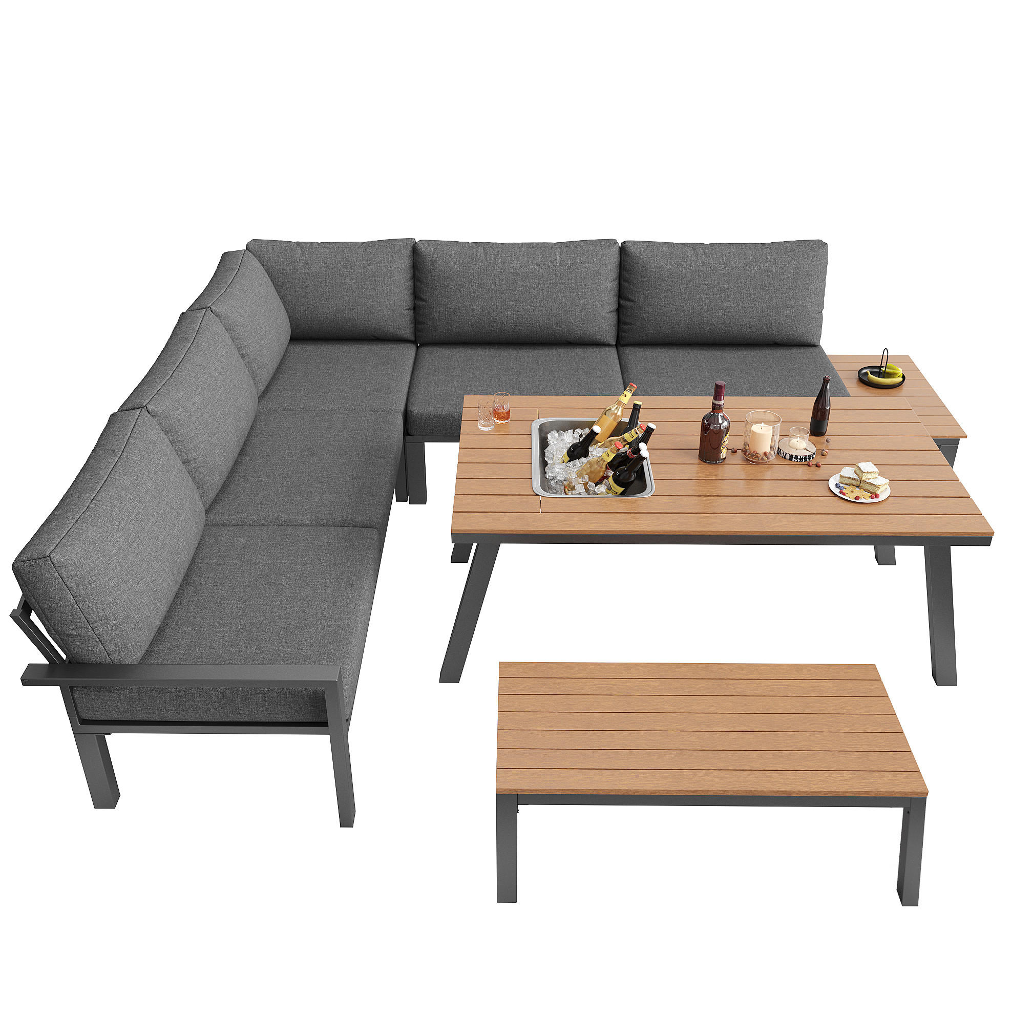 GARTEN-LOUNGE-SET, Metallgestell mit Polstern & Tisch mit Eiskübel, 147/60/65 cm, Grau - Grau, Metall - Redom