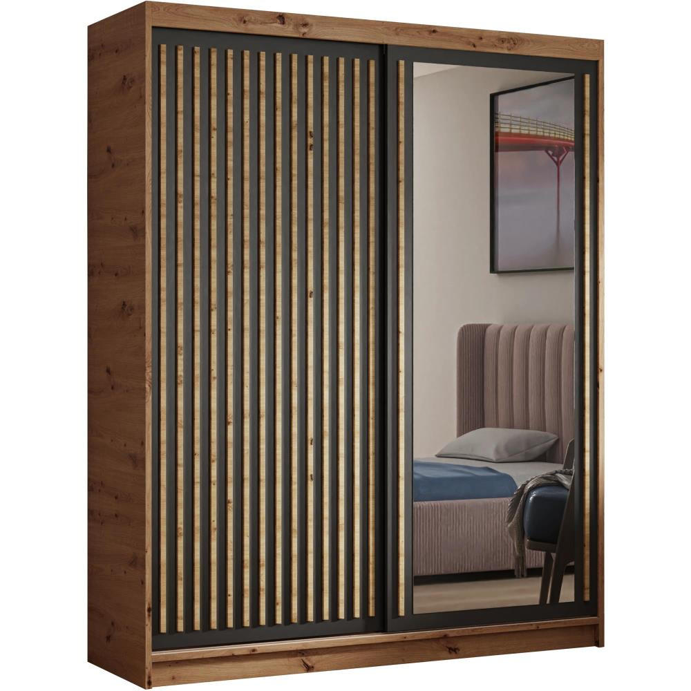 SCHWEBETÜRENSCHRANK Donatello 160/205/60 2-türig eiche Artisan/schwarz mit Spiegel - Schwarz/Eiche Artisan, Holzwerkstoff (160/205/60cm) - Beautysofa