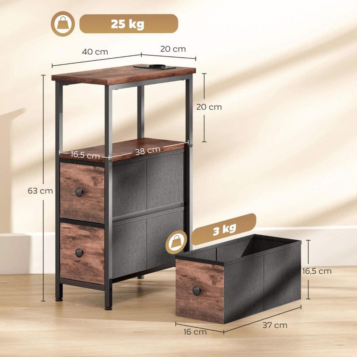 BEISTELLTISCH 20/40/63 cm mit Ladestation, 2 Stoffschubladen und offenem Fach, Holzoptik Rustikal Braun - Braun, Holz (40/20/63cm) - Redom