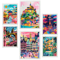 POSTER Set Mit 6 Mary Blair inspiriert Eiffel Prag Saint Michele Alhambra Belgien Fushimi A3 & A4 Weißer Rahmen - Weiß, Papier (29/3cm) - Nacnic