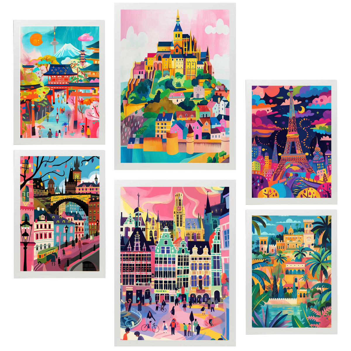 POSTER Set Mit 6 Mary Blair inspiriert Eiffel Prag Saint Michele Alhambra Belgien Fushimi A3 & A4 Weißer Rahmen - Weiß, Papier (29/3cm) - Nacnic