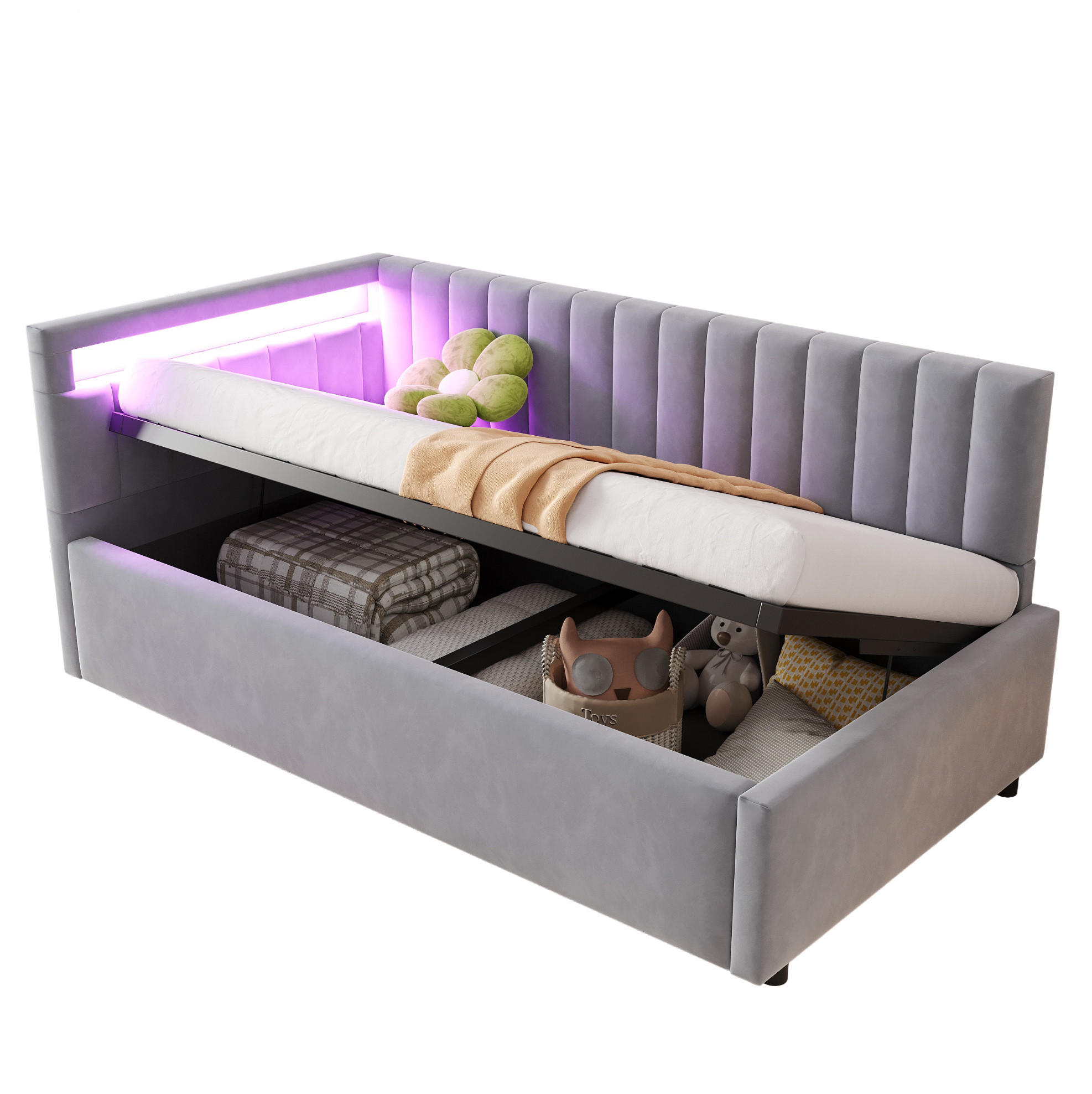 POLSTERBETT 90/200 cm mit LED-Beleuchtung, hydraulischem Stauraum und Samtbezug, Grau - Hellgrau, Textil (90/200cm) - Redom