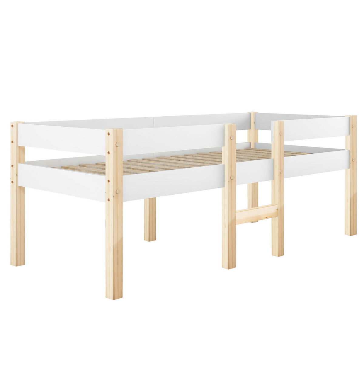 KINDERBETT 90/190 cm aus Kiefer massiv in Weiß mit Rausfallschutz und Leiter - Weiß, Holz (90/200cm) - BEAOK