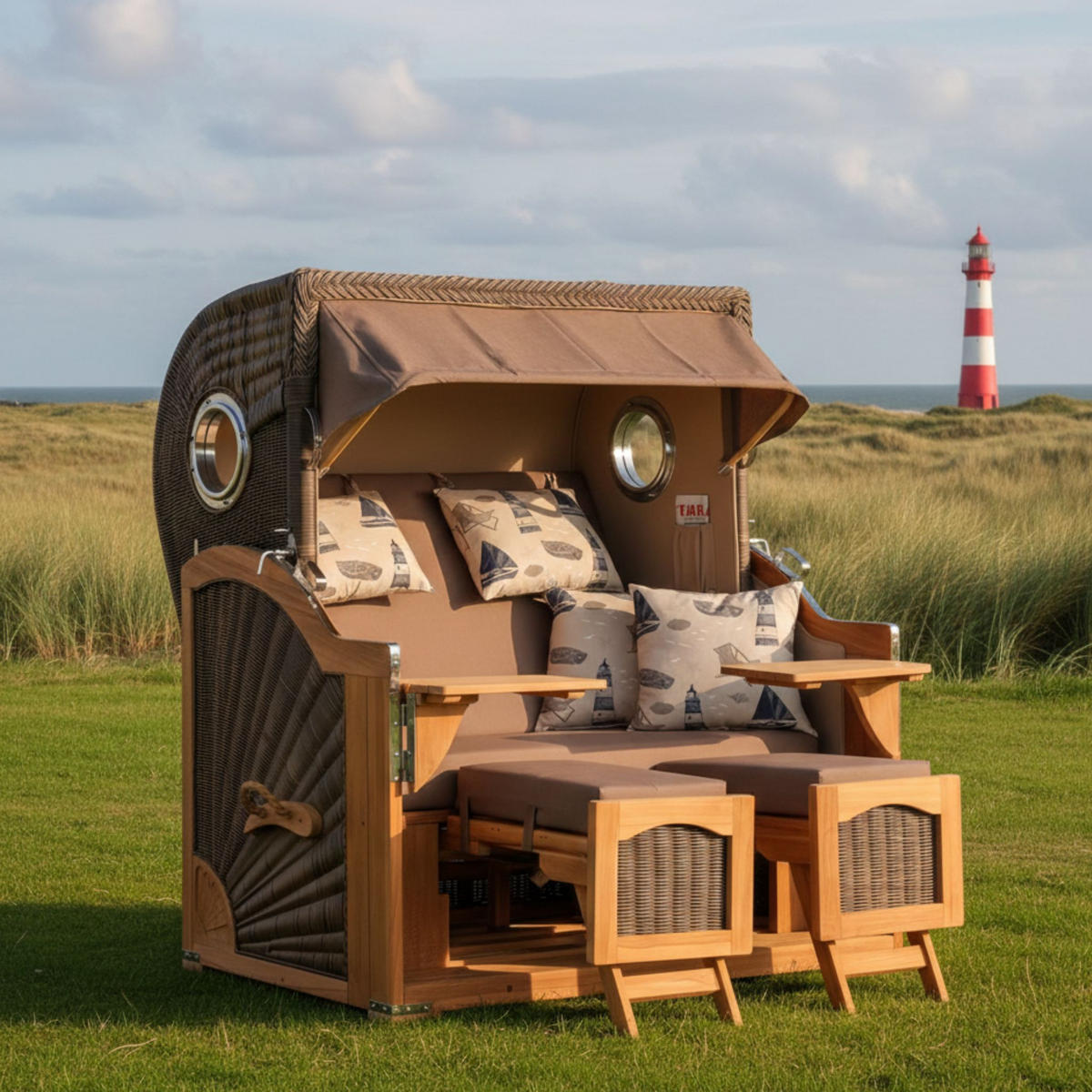 STRANDKORB Düne Grande Bullauge Teak PE Grey Dessin 540 - Taupe/Braun, Metall (142/170/95cm) - Mr. Deko