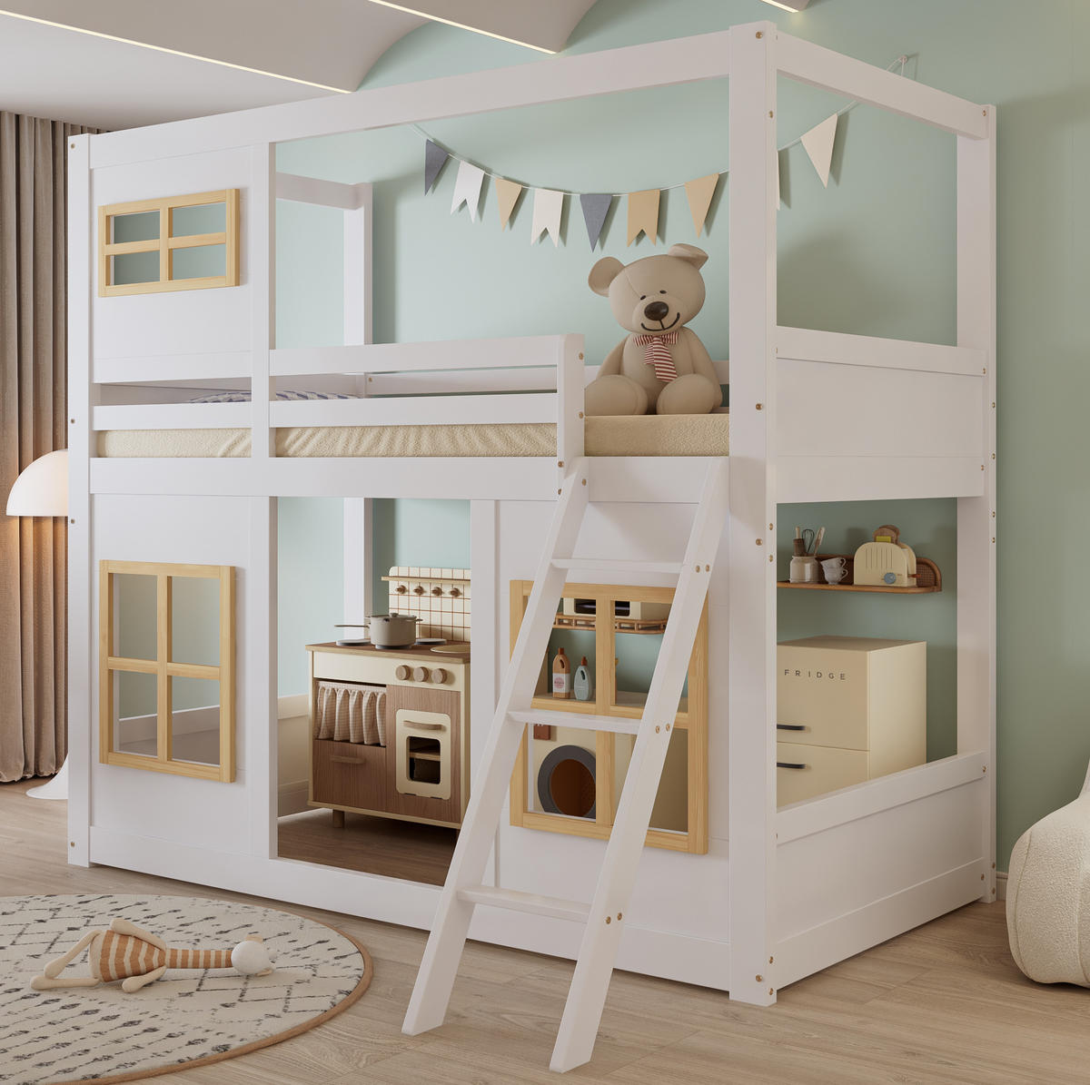 ETAGENBETT Kinderbett 90/200 cm Weiß Natur mit Fenstern ohne Matratze - Weiß, Holz (90/200cm) - MIVRAY