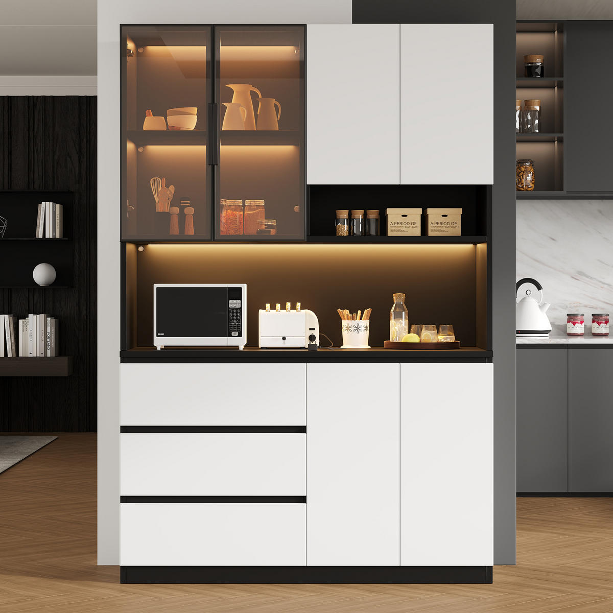 BUFFET DE-38768 120,5/40/180 cm LED-Beleuchtung und 6 Türen Schwarz - Schwarz, Holzwerkstoff (120.5/180/40cm) - ComfortXL
