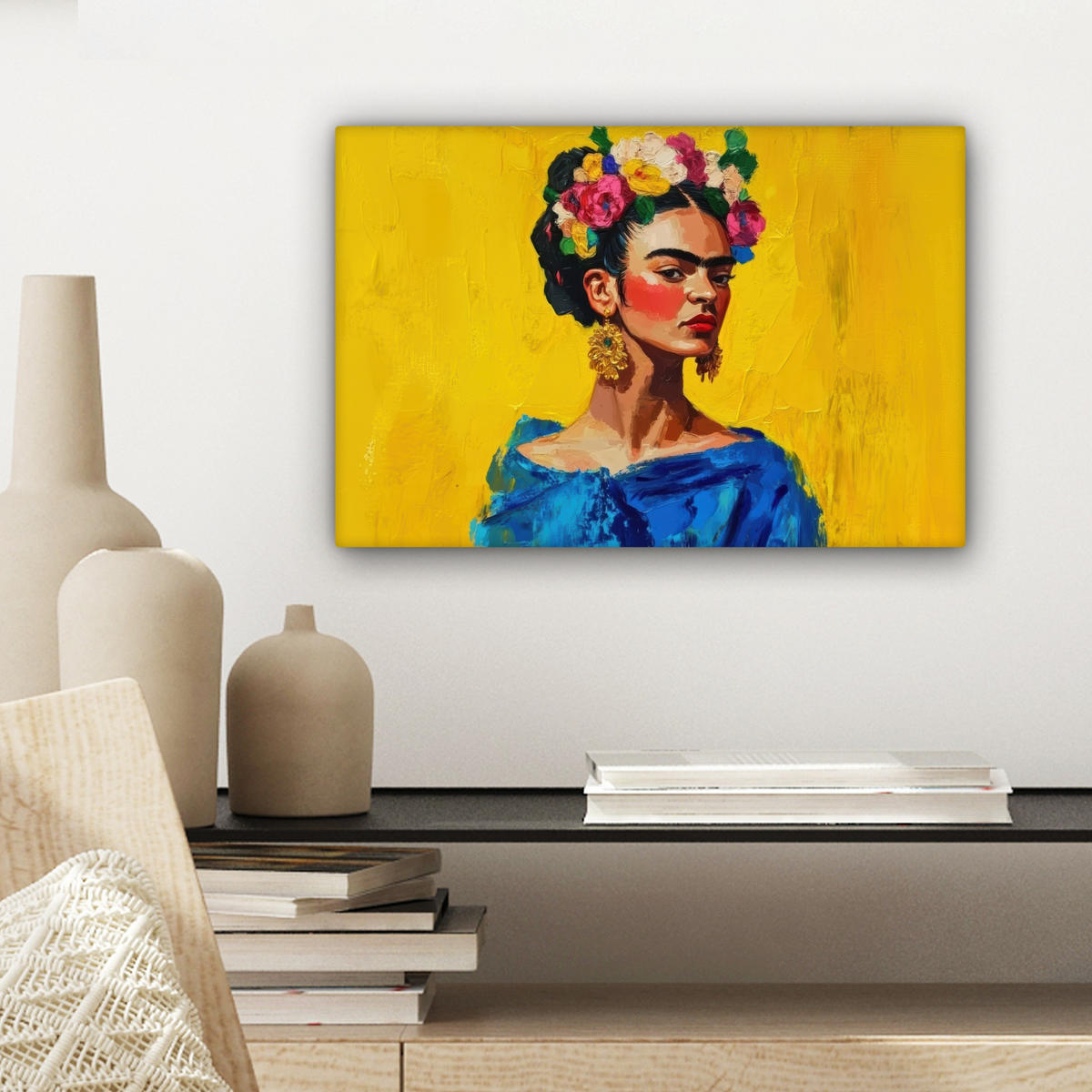 LEINWANDBILD Frida Kahlo - Frau - Gelb - Blau - Blumen 30x20 cm - Gelb, Textil (30/20cm) - MuchoWow