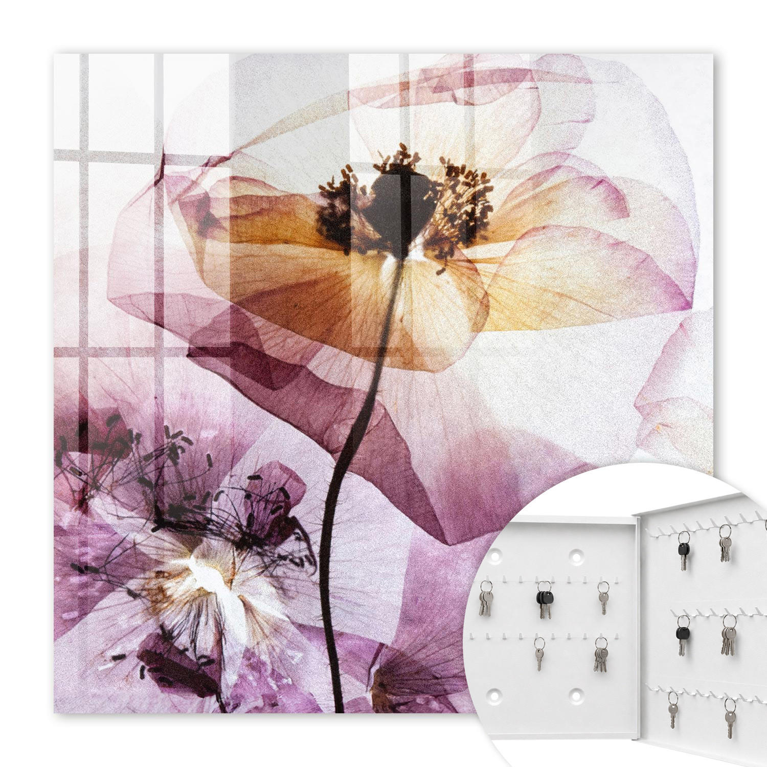 SCHLÜSSELBOX Weiß 30x30 cm – Türöffnung nach rechts - Florale Eleganz - Lila, Metall (30/30/5cm) - TULUP