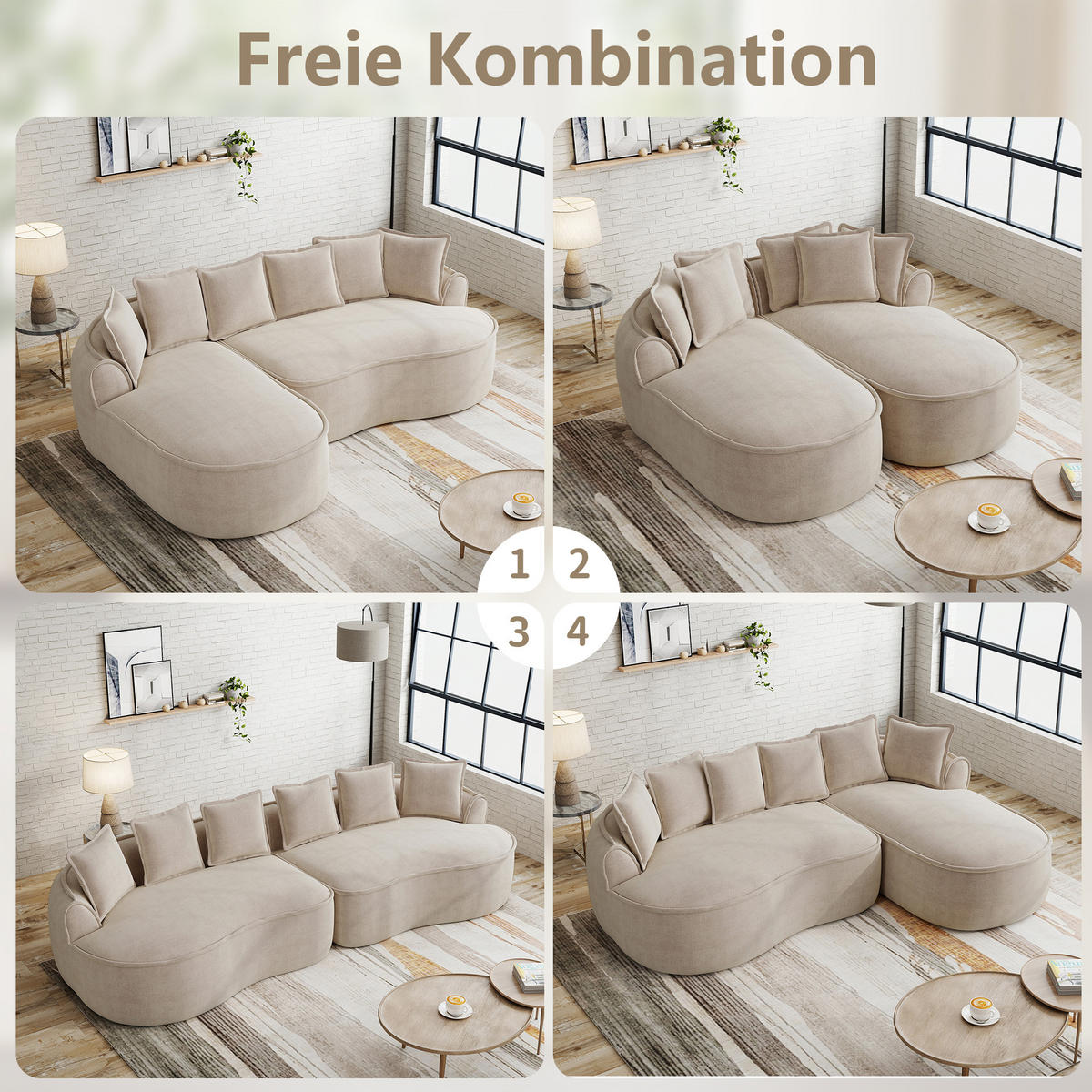 ECKSOFA chenille mit extra tiefer chaiselongue & rahmenlosem design - Hellbraun, Textil (252/164cm) - Urban Meuble