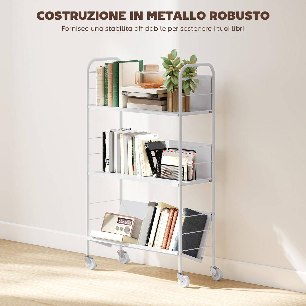 BÜCHERWAGEN,3-STÖCKIG mit Rollen 69x26x108cm,weiß - Weiß, Metall (69/108/26cm) - Vallsero