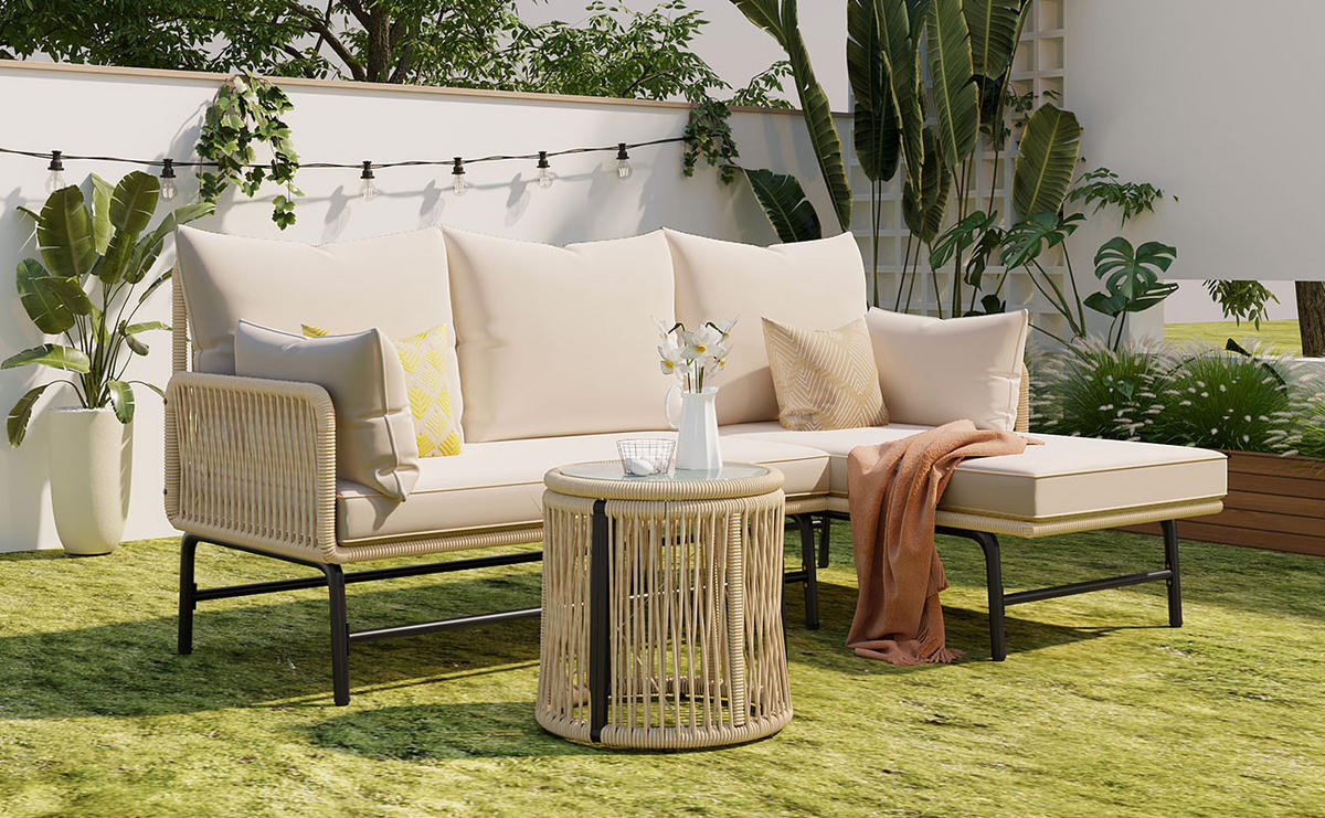 GARTENLOUNGE-SET mit Metallgestell & Seilgeflecht, L-Form mit Tisch, 58/124/78 cm, Beige - Beige, Metall - Redom