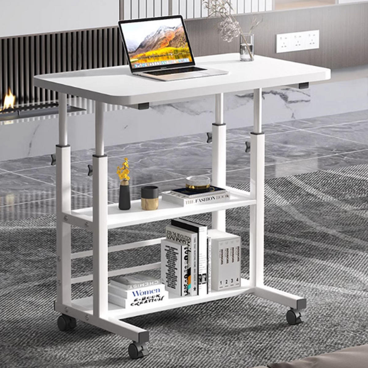 LAPTOPTISCH mit Rollen aus MDF und Eisen in Weiß Ablageflächen und feststellbaren Höheverstellbar 37 x 60 x 60-90 cm - Weiß, Metall (60/37/90cm) - Livingandhome